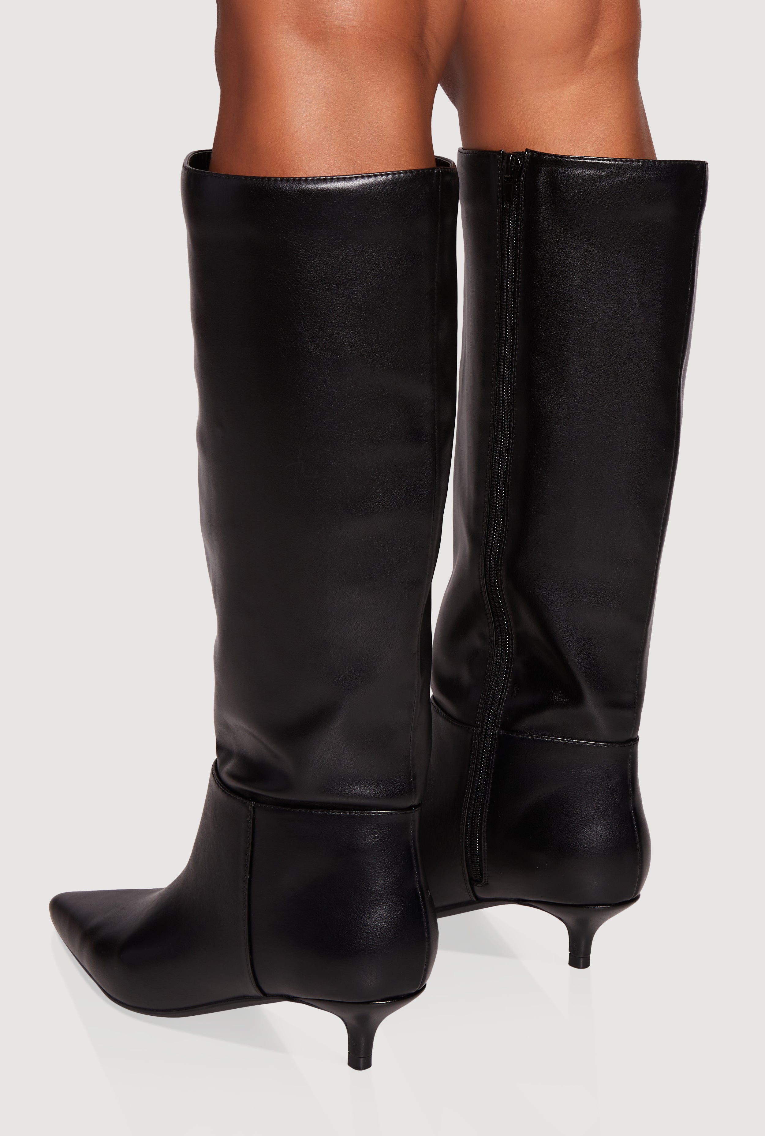 Side Zip Pointed Toe Kitten Heel Knee High Boots