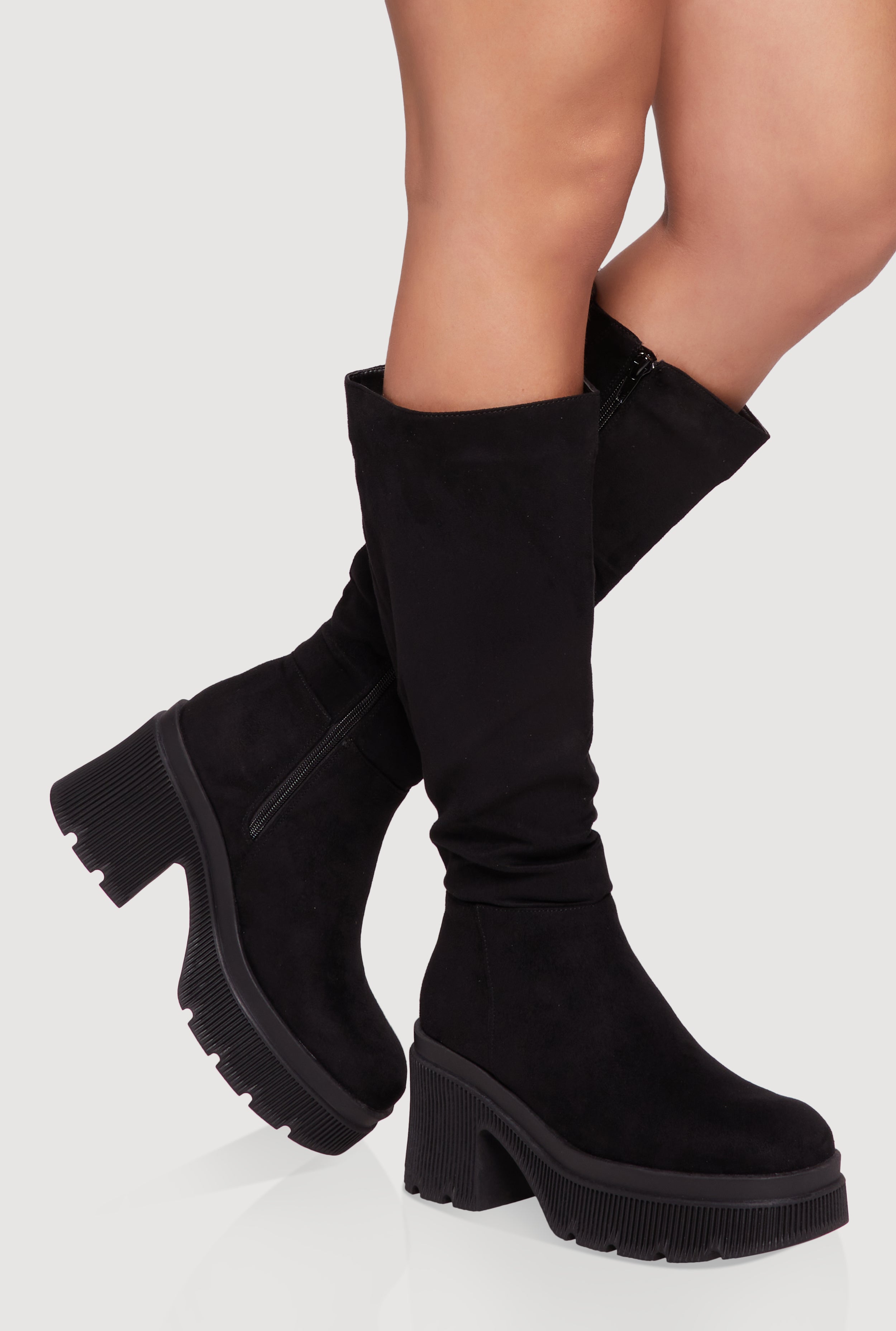 m♡ Mid Calf Square Toe Chunky Heel Platform Boots