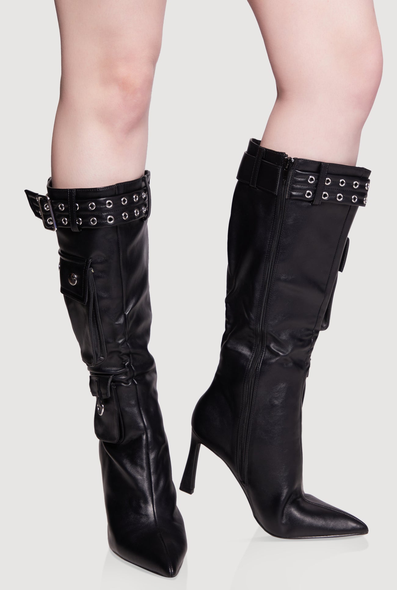 Belt Detail Cargo Pocket Pointed Toe High Heel Boots