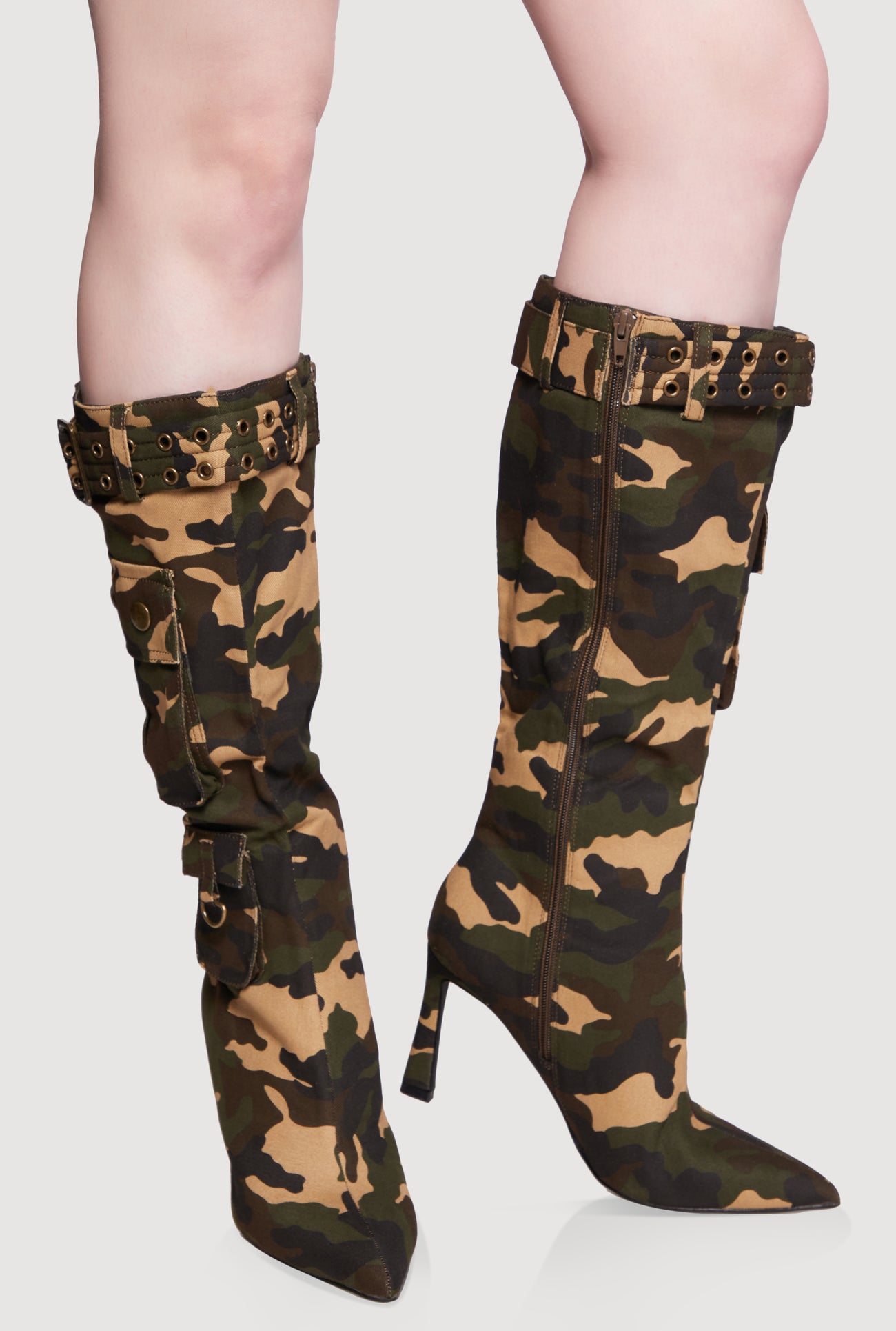 Belt Detail Cargo Pocket Pointed Toe High Heel Boots