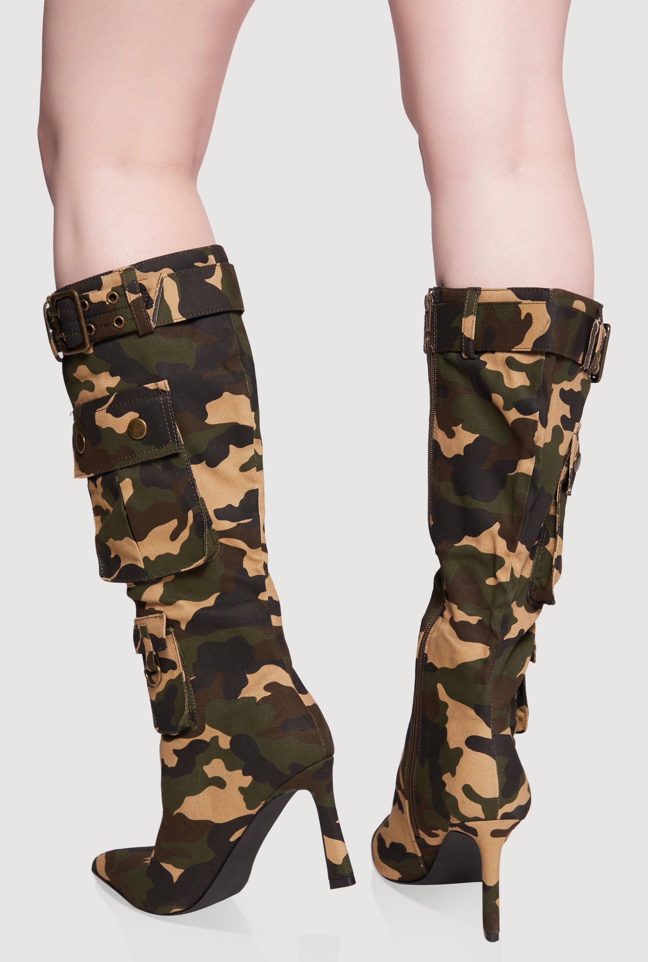 Belt Detail Cargo Pocket Pointed Toe High Heel Boots