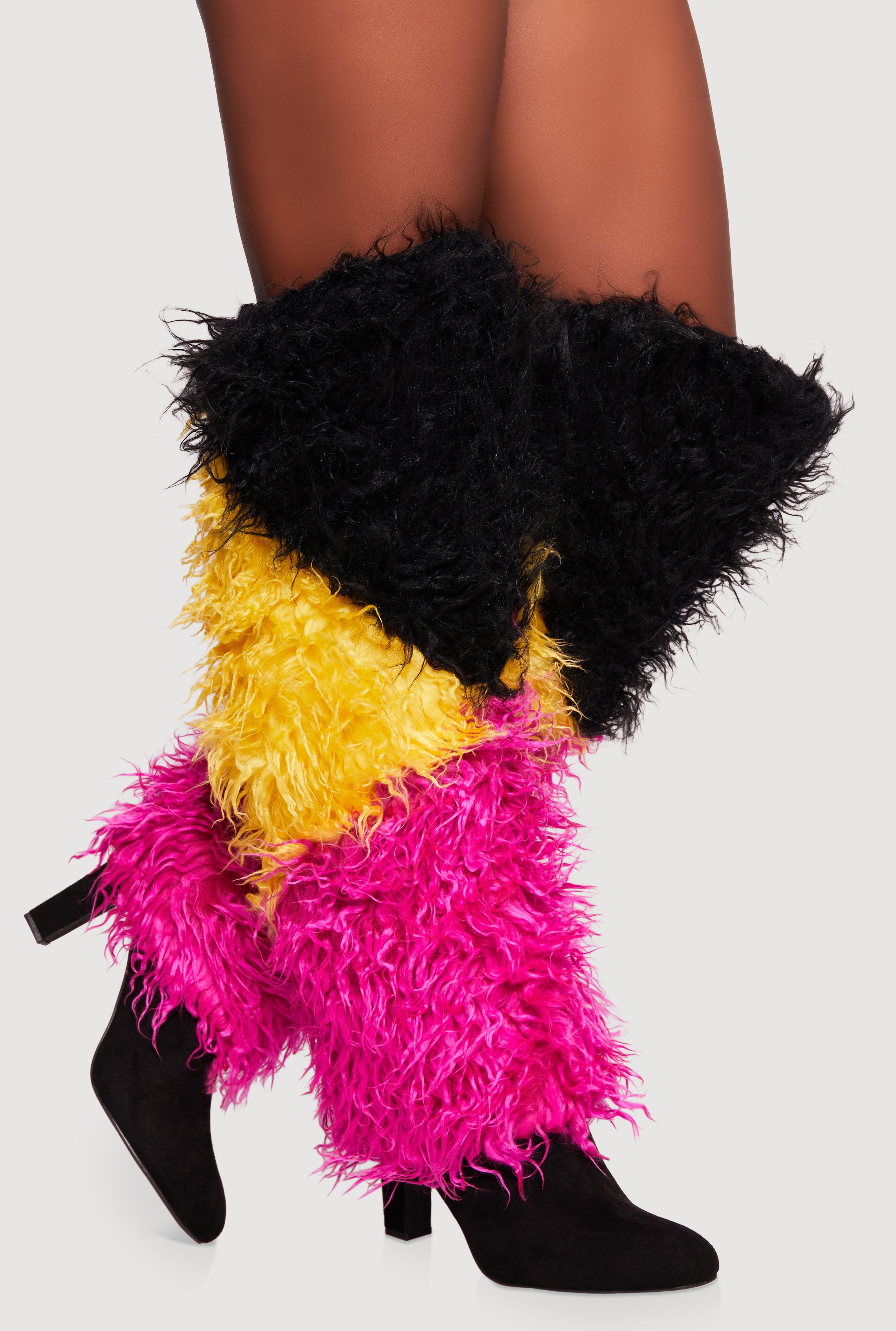 Color Blocked Shaggy Faux Fur Knee High High Heels