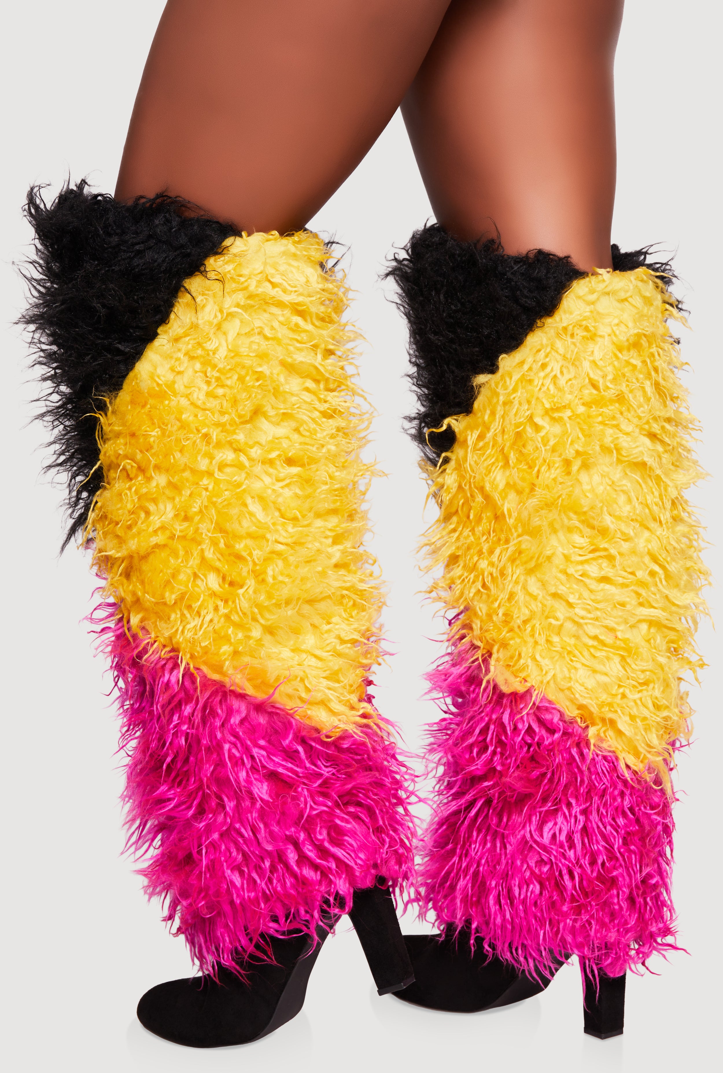 Color Blocked Shaggy Faux Fur Knee High High Heels