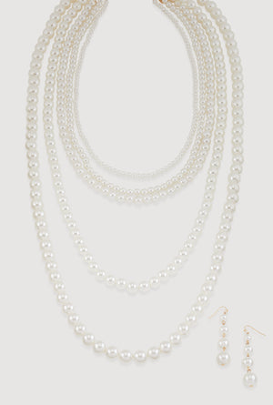 Faux Pearl Layered Necklace with Drop Earrings