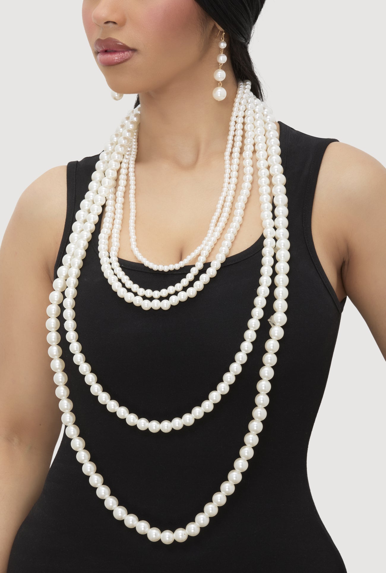 Faux Pearl Layered Necklace with Drop Earrings