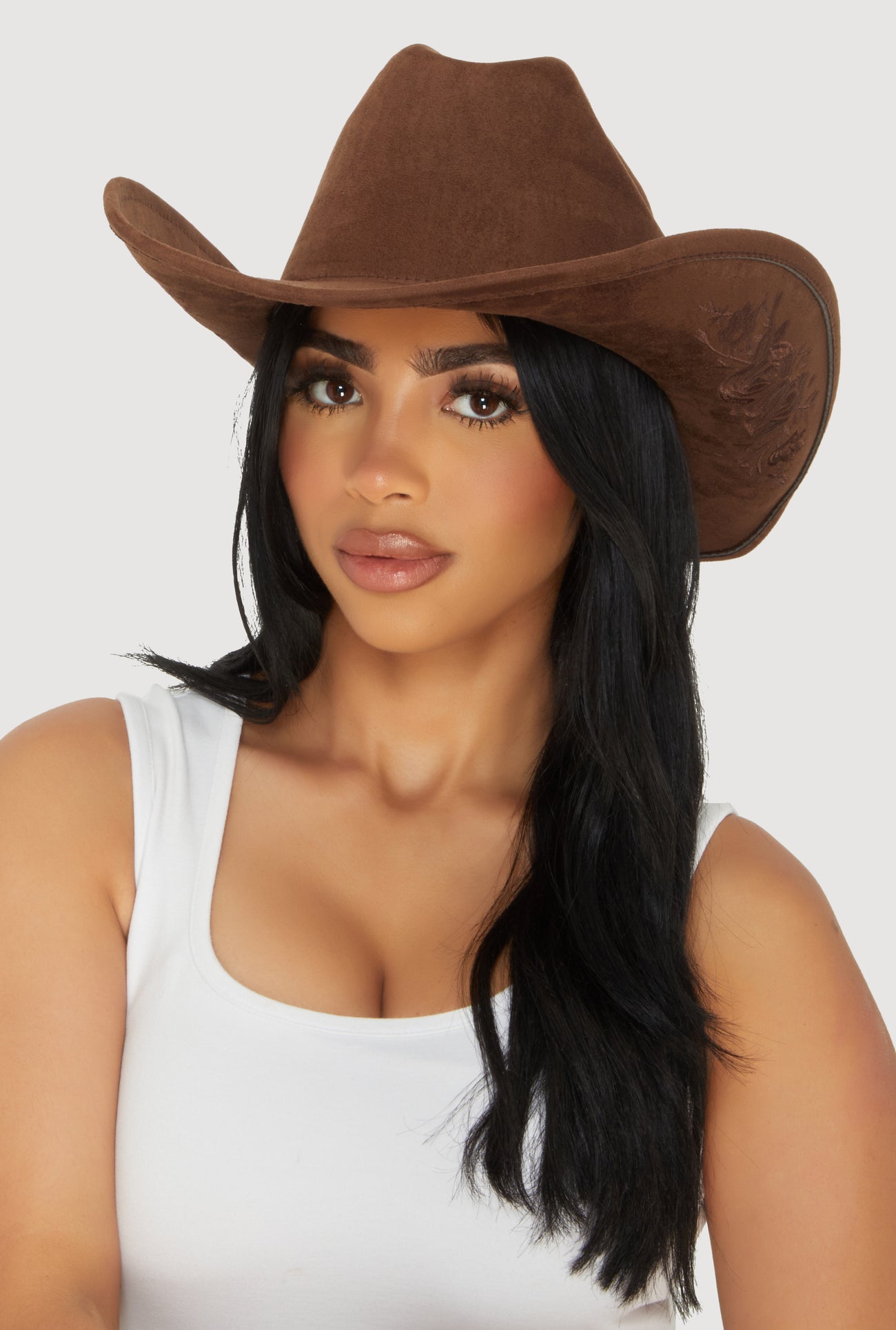 Faux Suede Floral Embroidered Cowboy Hat
