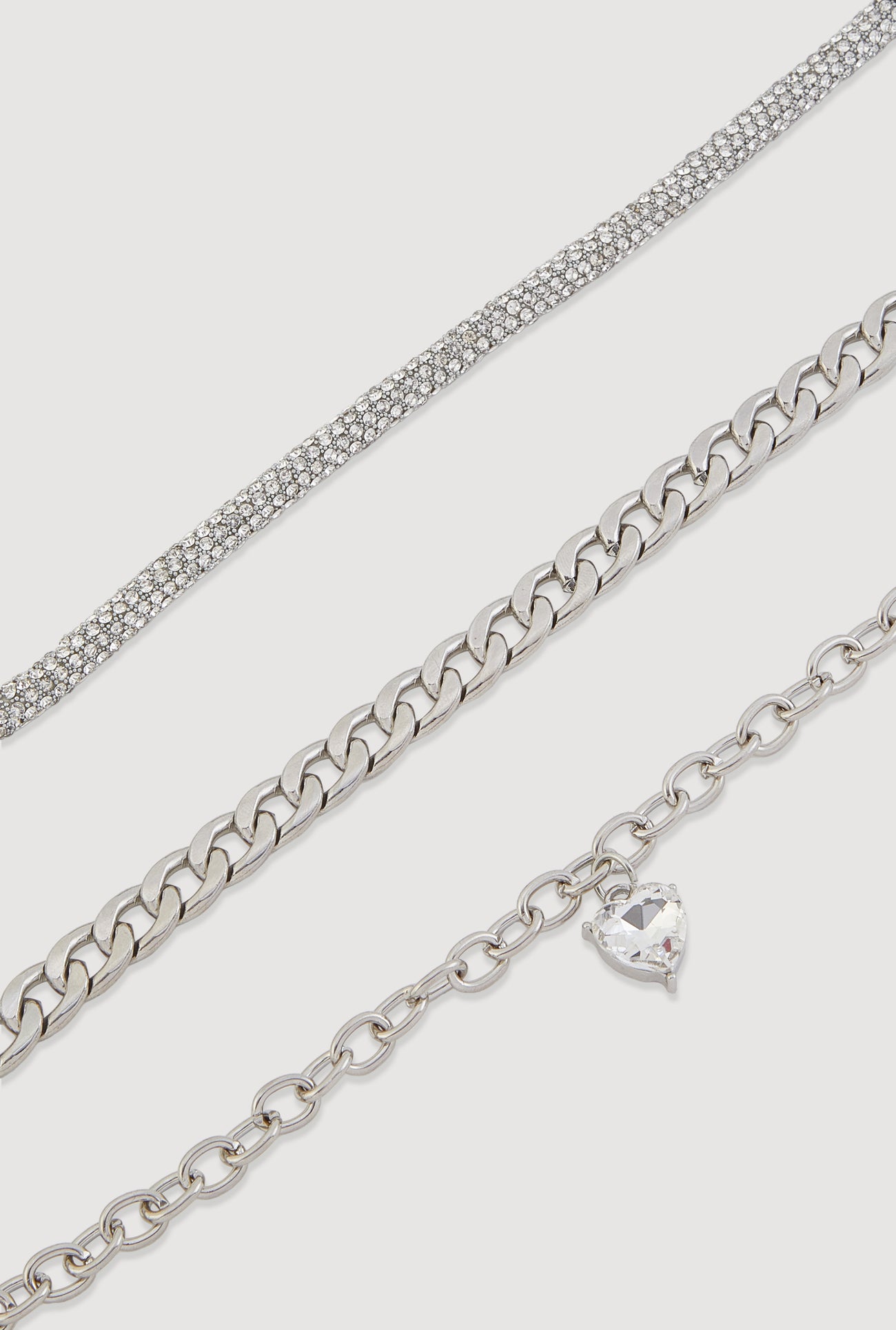 Rhinestone Heart Charm Metallic Chain Anklets Set of 3