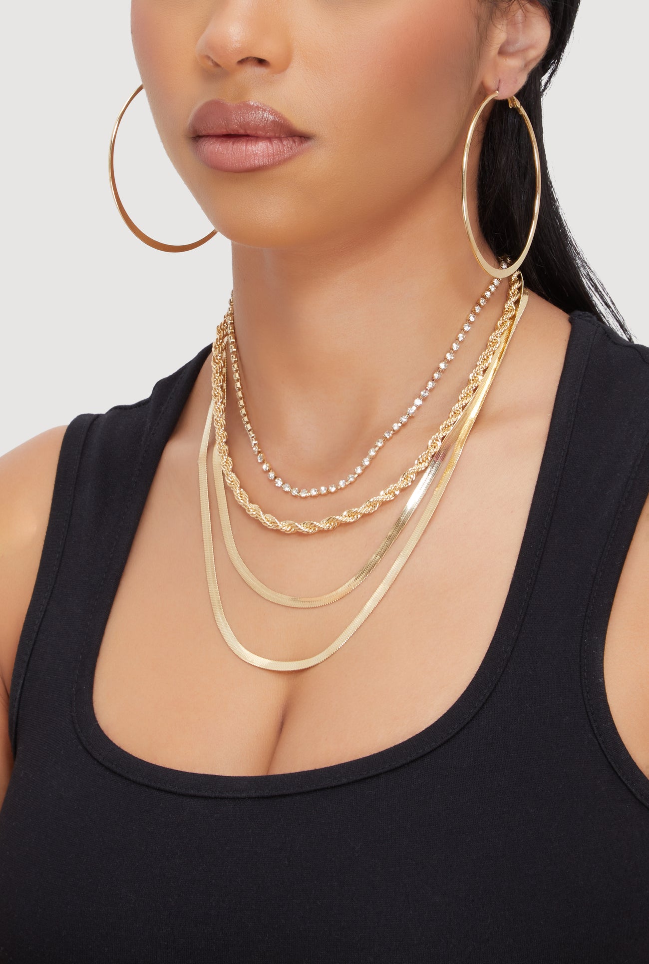 Herringbone Layered Necklace and Hoop Earrings Set