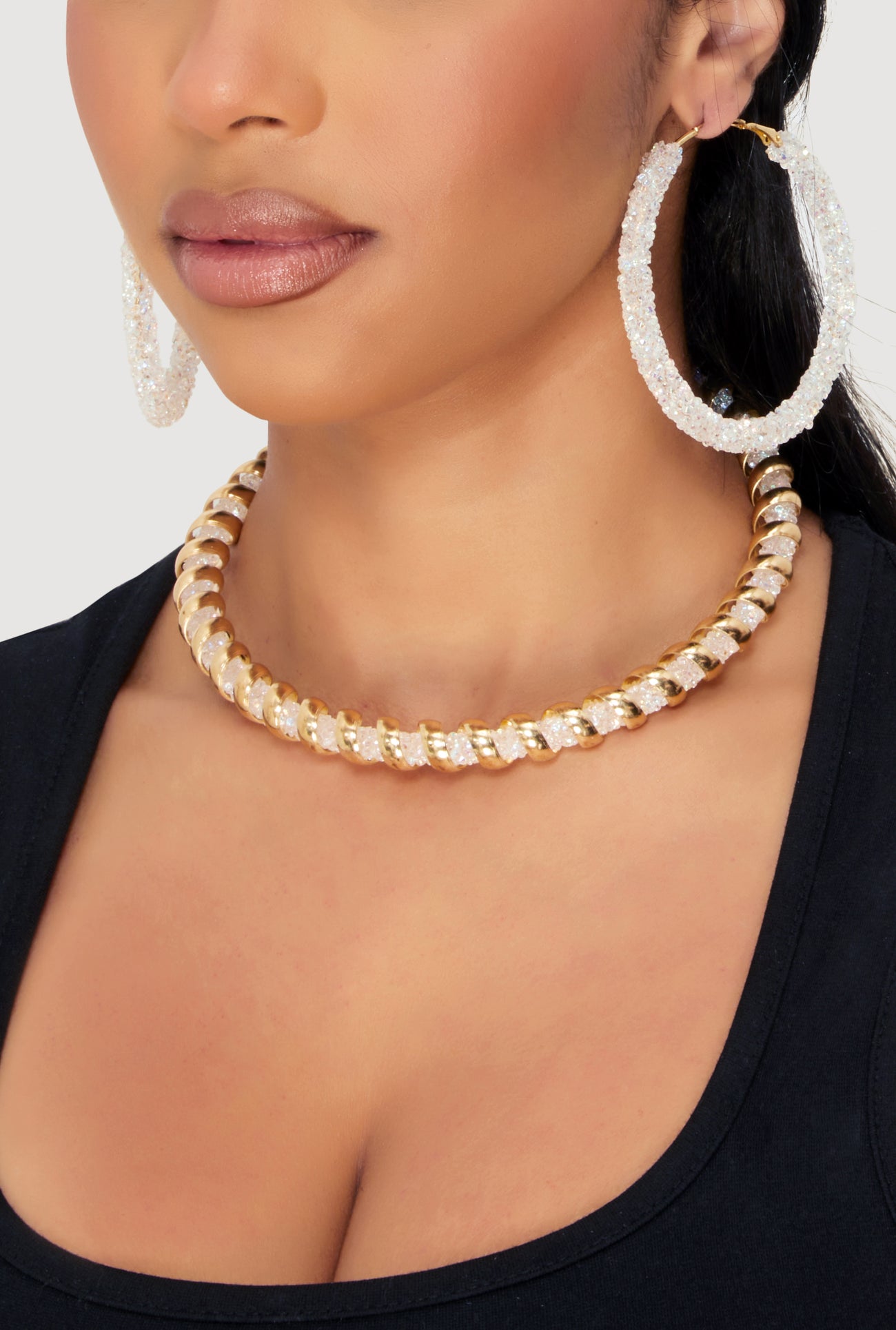Metallic Coiled Encrusted Necklace with Hoop Earrings