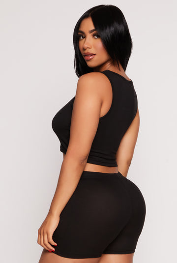 Ribbed Knit Cropped Pajama Tank Top and Shorts with Robe