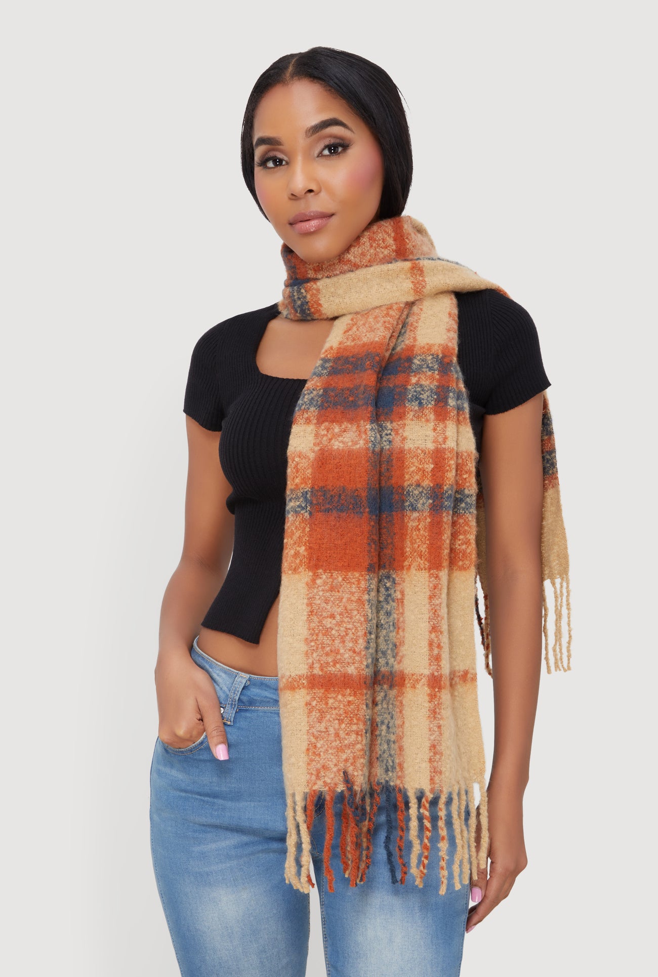 Fringe Detail Plaid Scarf