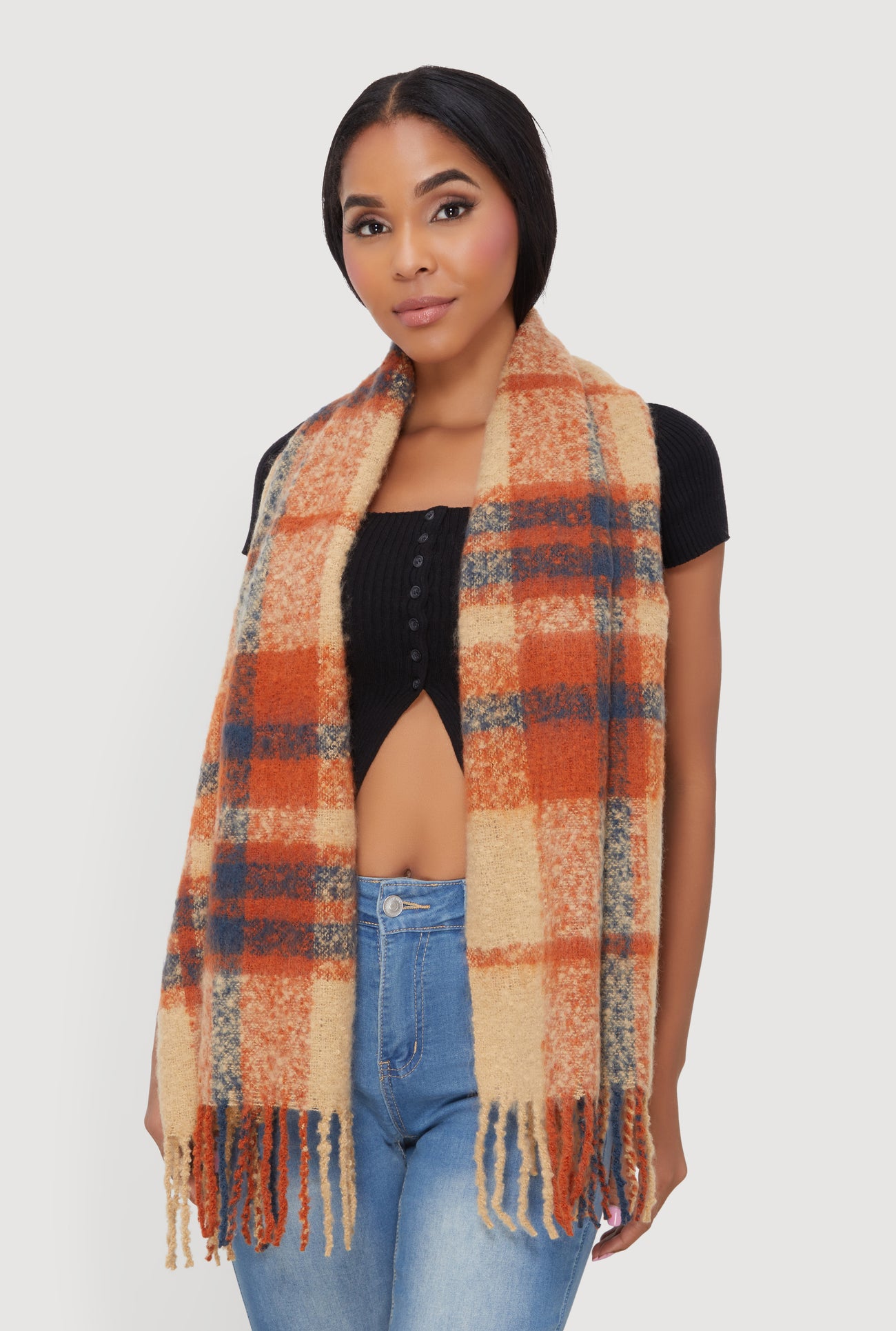 Fringe Detail Plaid Scarf