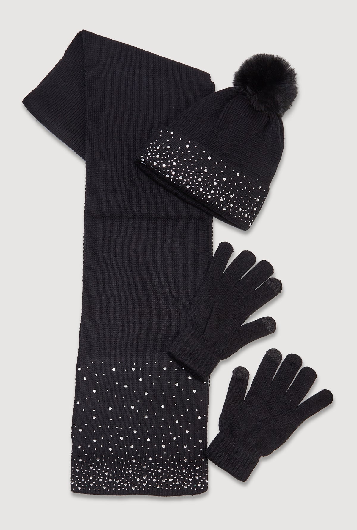 Women’s Black White Winter Beanie Hat Scarf & Touchscreen Gloves 3-in-1 Gift Womens Winter Beanie Hat Scarf Gloves Set, Pom Beanie Warm  main image 2