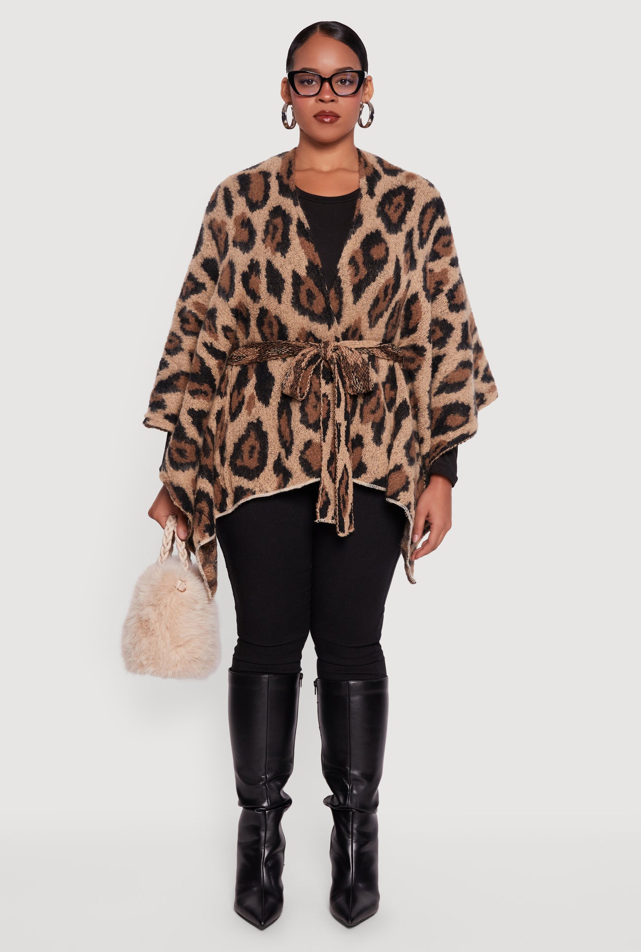 Leopard Print Open Front Poncho with Tie Waist Belt