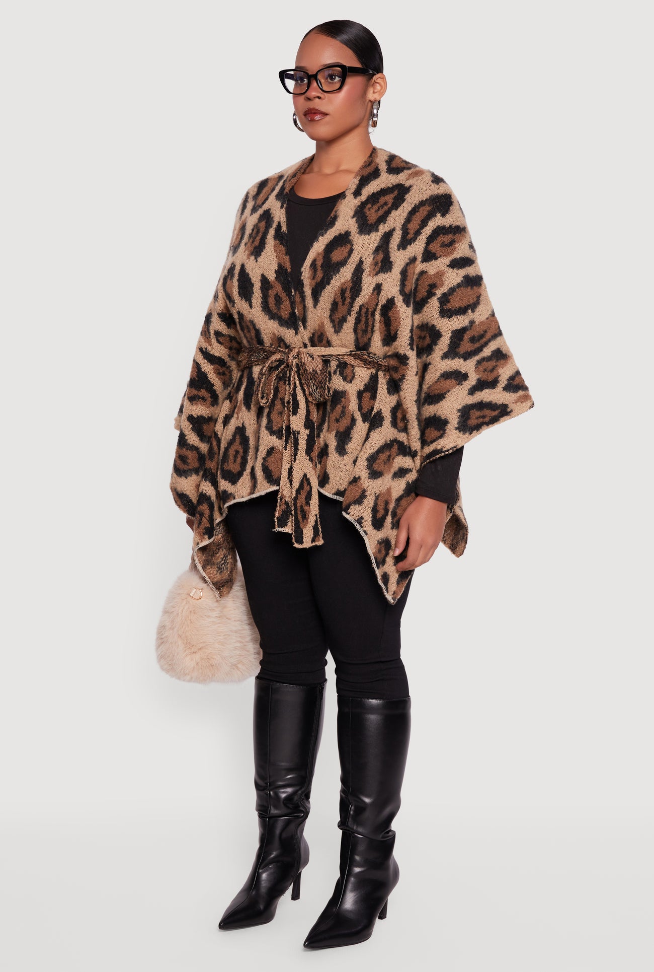 Leopard Print Open Front Poncho with Tie Waist Belt