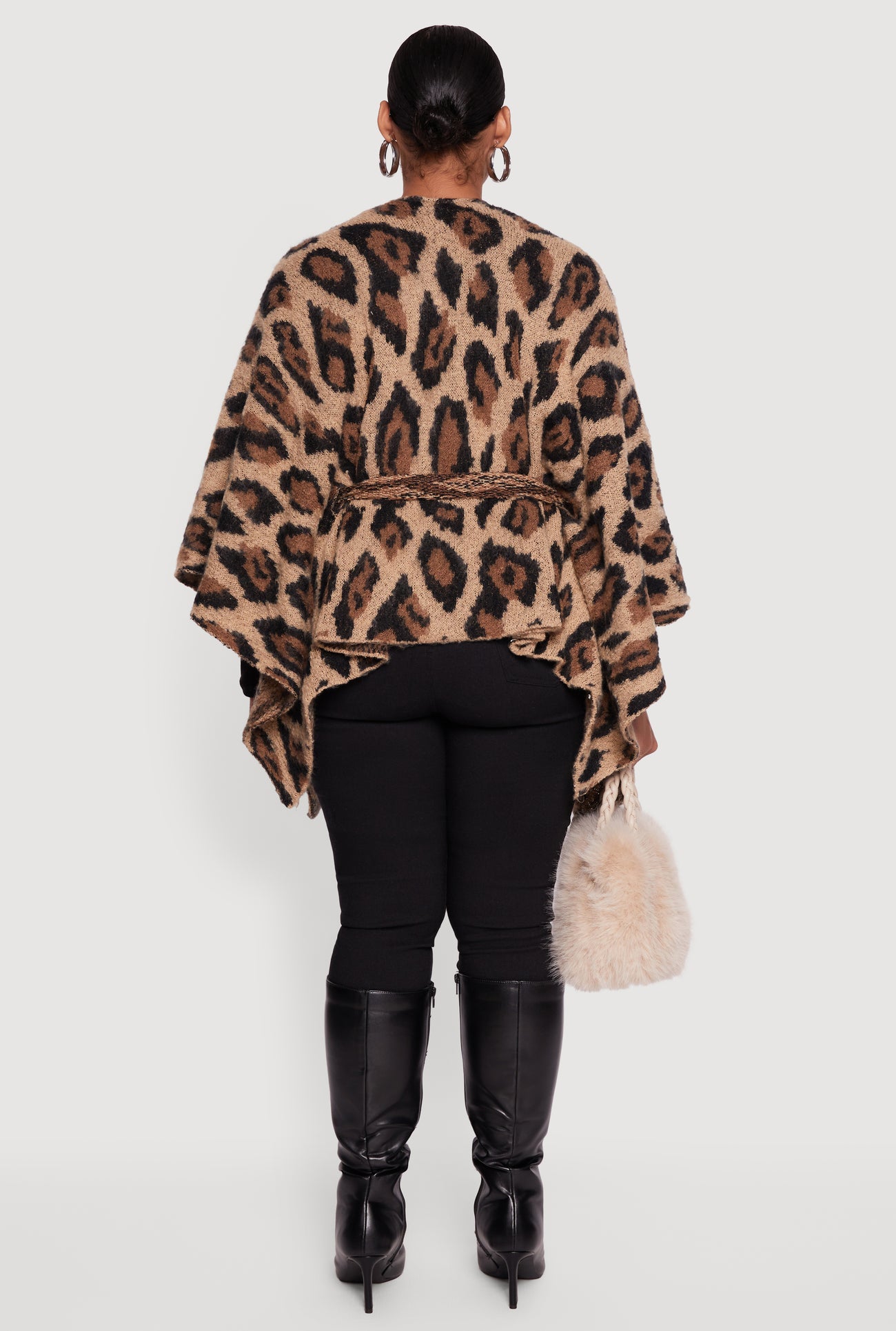 Leopard Print Open Front Poncho with Tie Waist Belt