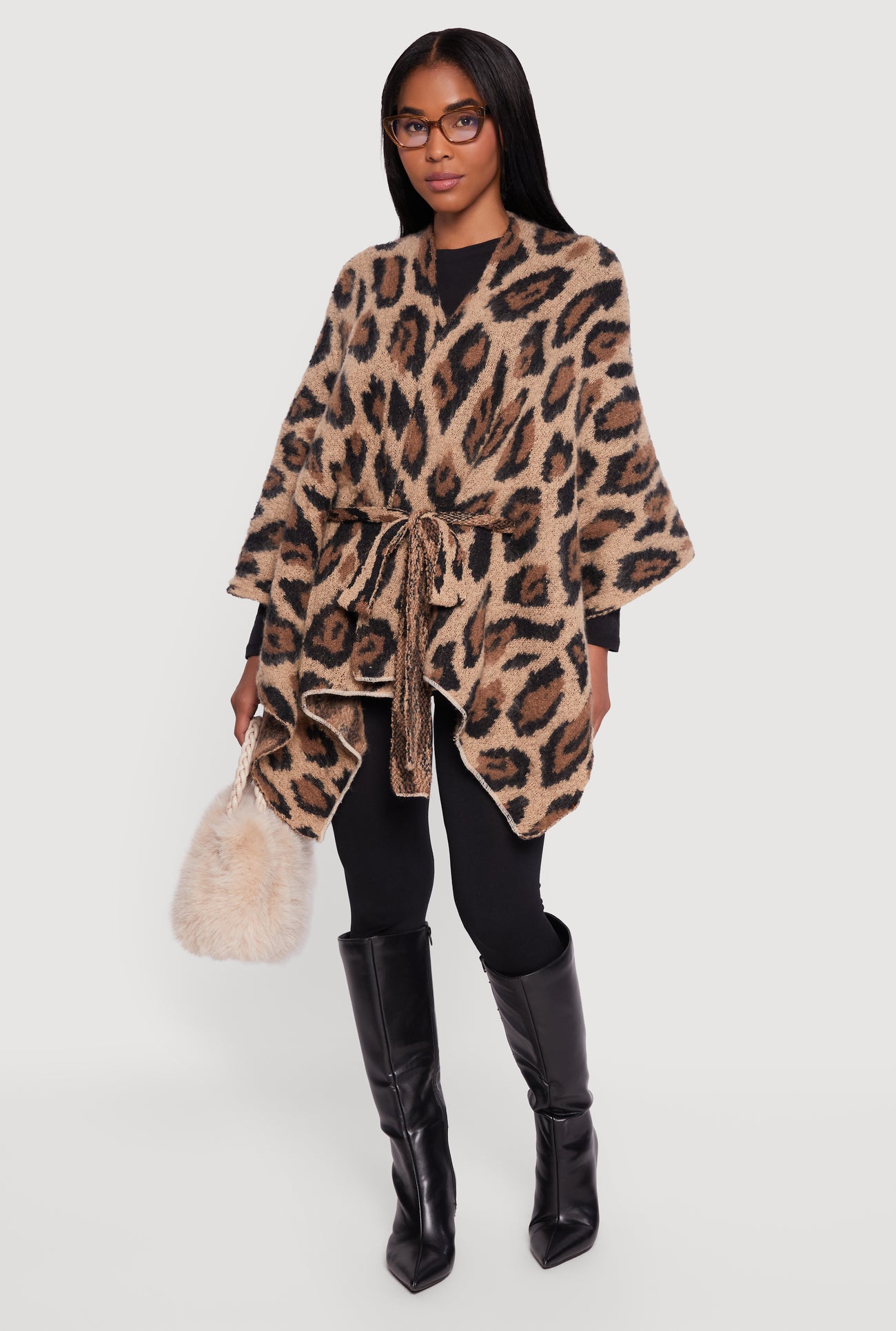 Leopard Print Open Front Poncho with Tie Waist Belt