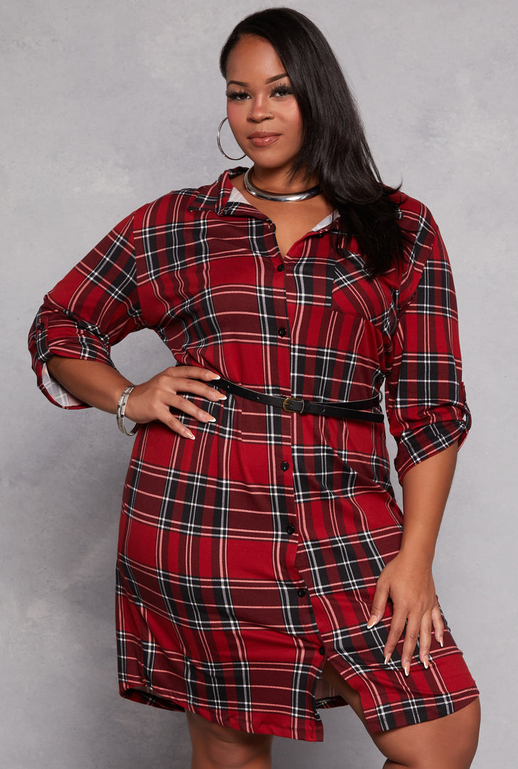 Plus Size Plaid Belted Shirt Dress