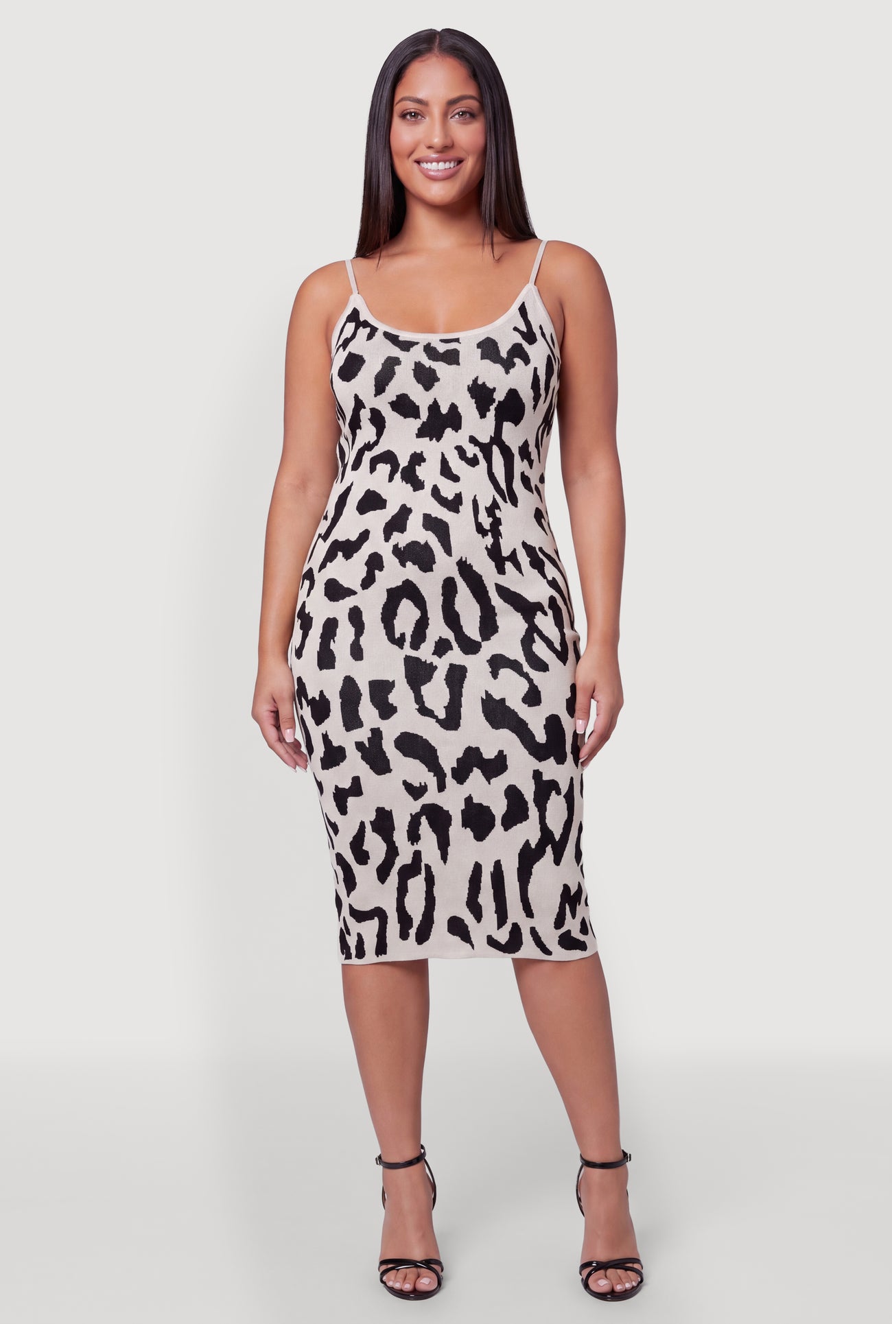 Plus Size Leopard Print Spaghetti Strap Midi Sweater Dress