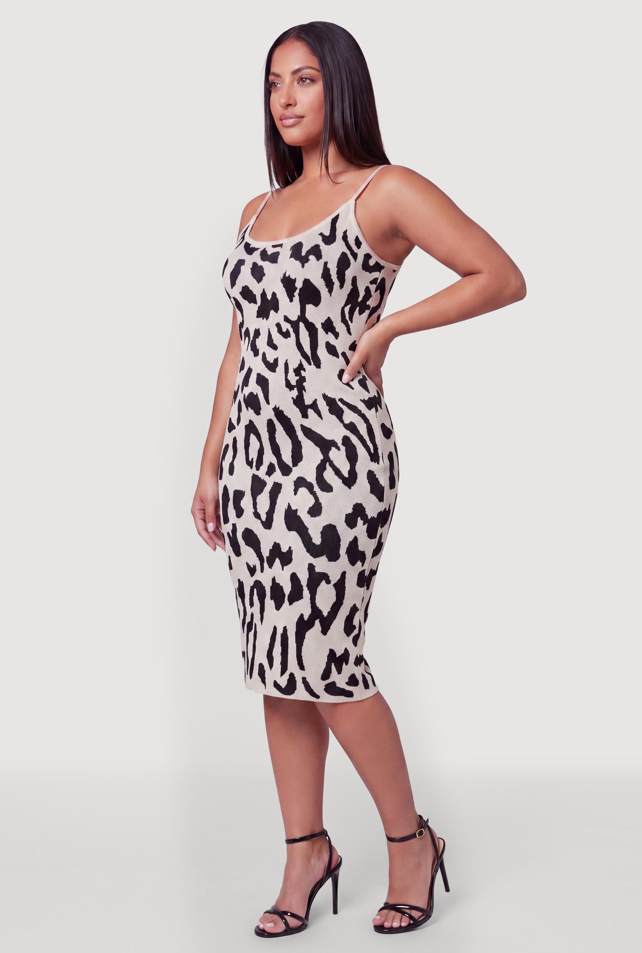 Plus Size Leopard Print Spaghetti Strap Midi Sweater Dress