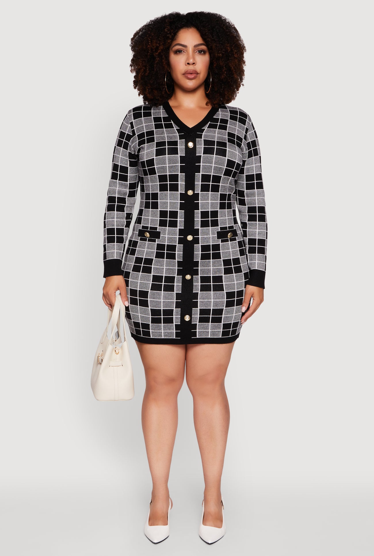 Plus Size V-Neck Checkered Plaid Sweater Dress