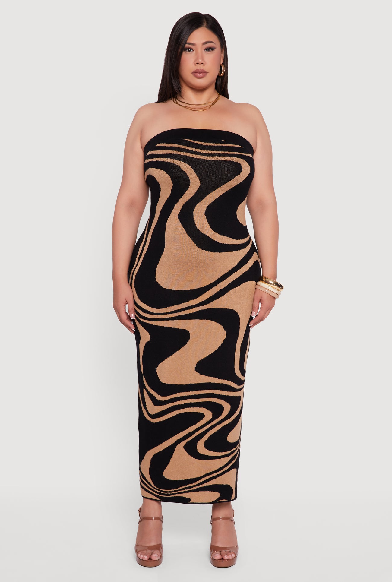 Plus Size Swirl Print Zip Back Tube Maxi Dress