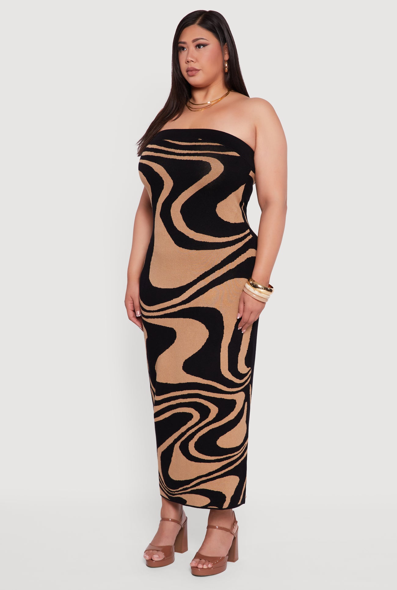 Plus Size Swirl Print Zip Back Tube Maxi Dress