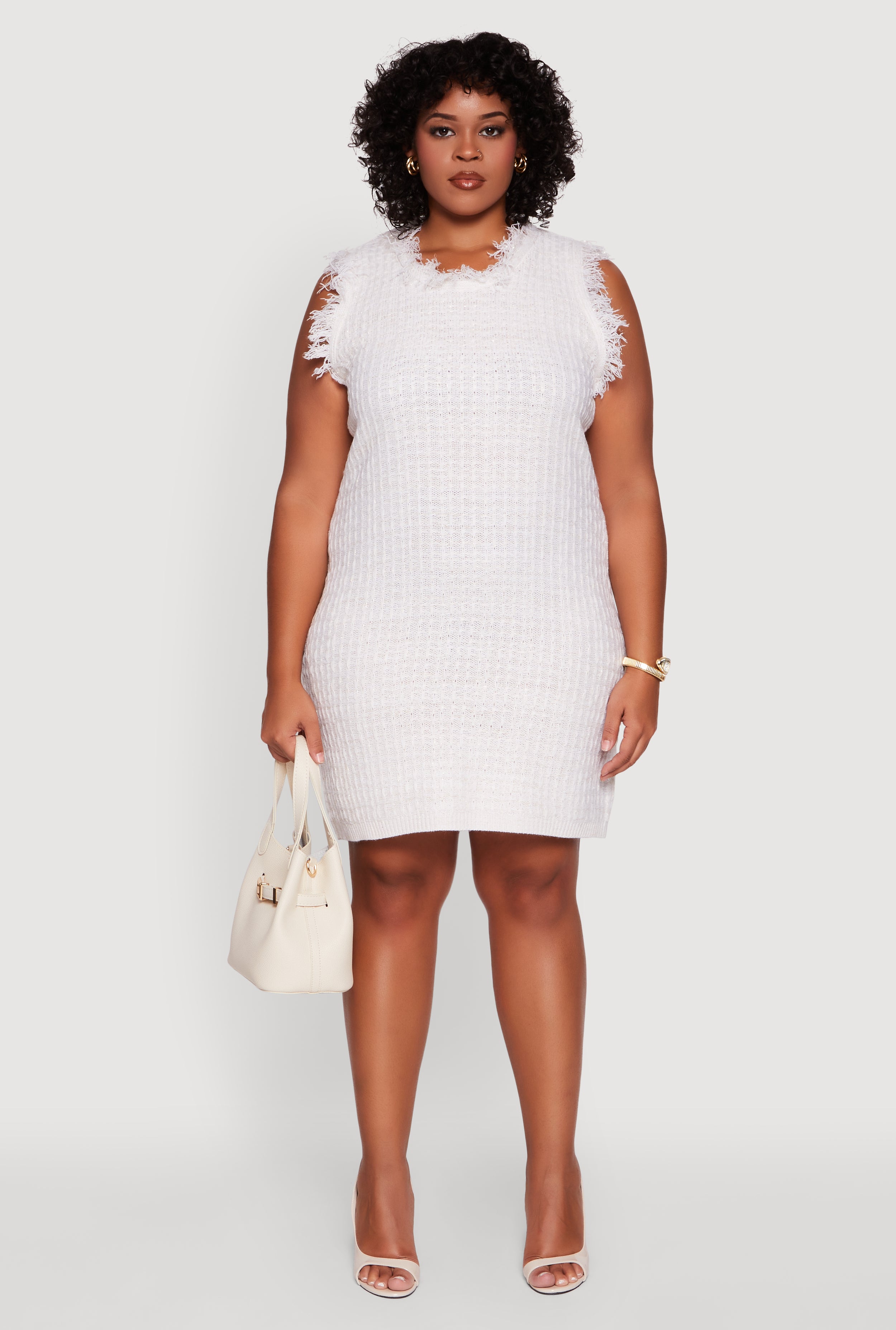 Plus Size Sleeveless Notch Neck Lurex Tweed Midi Dress