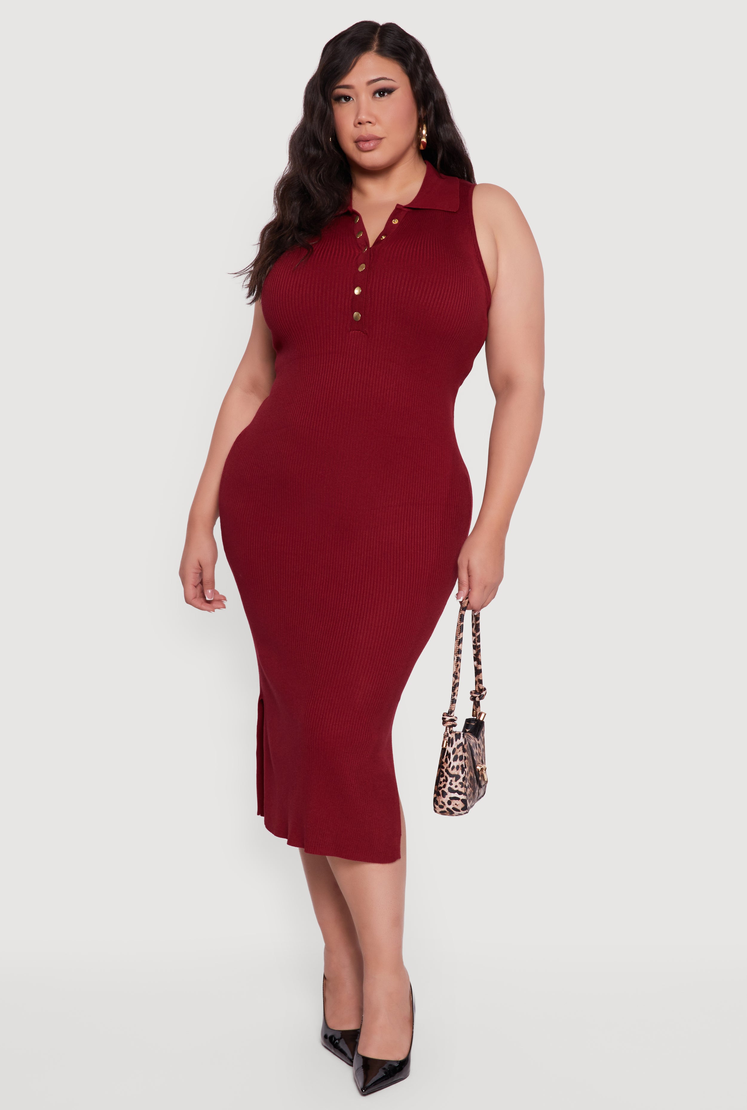 Womens Plus Size Sleeveless Polo Collar Rib Knit Sweater Dress