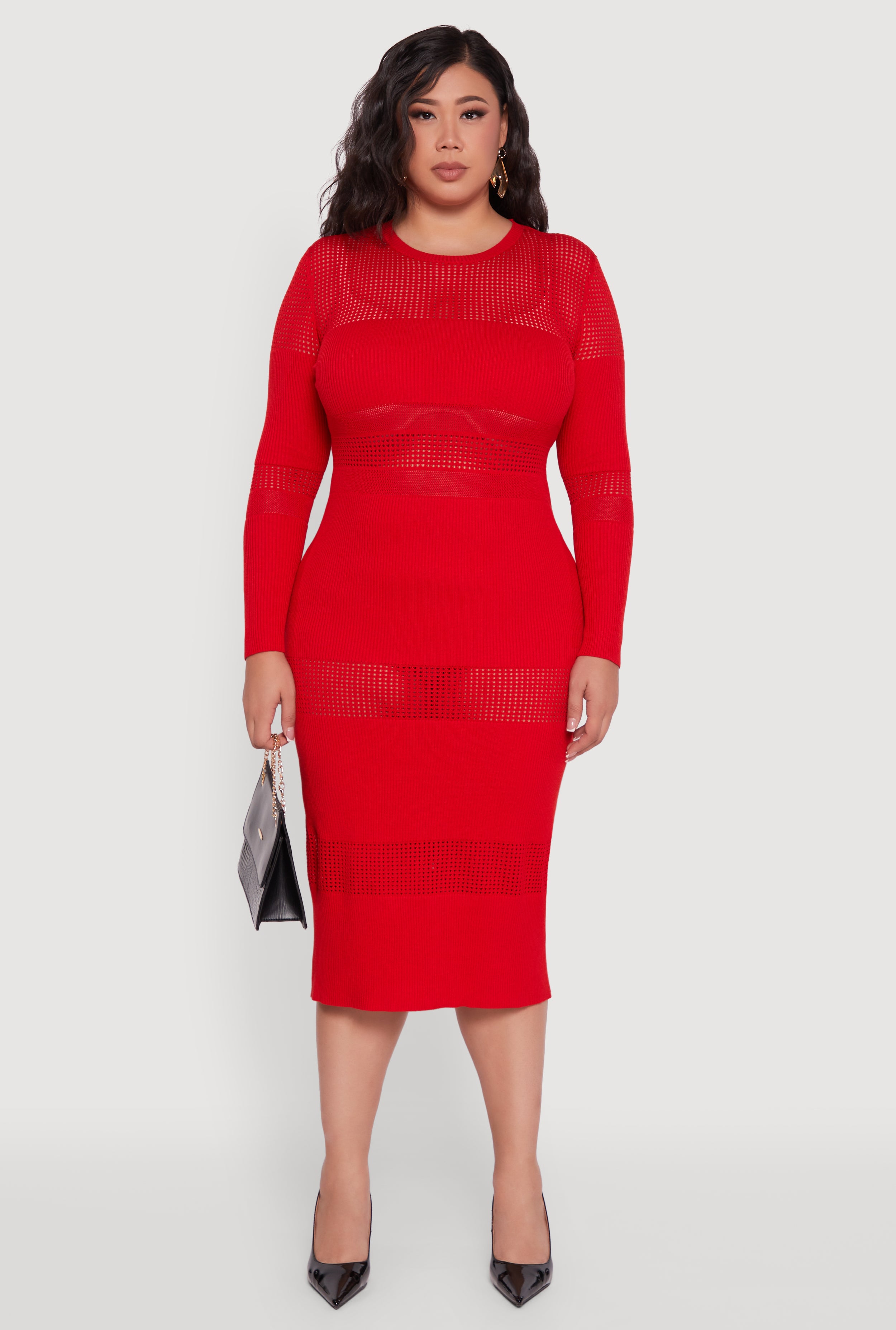 Plus Size Long Sleeve Ribbed Knit Midi Dress