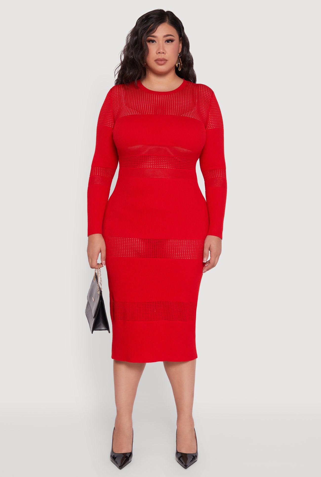 Plus Size Long Sleeve Ribbed Knit Midi Dress