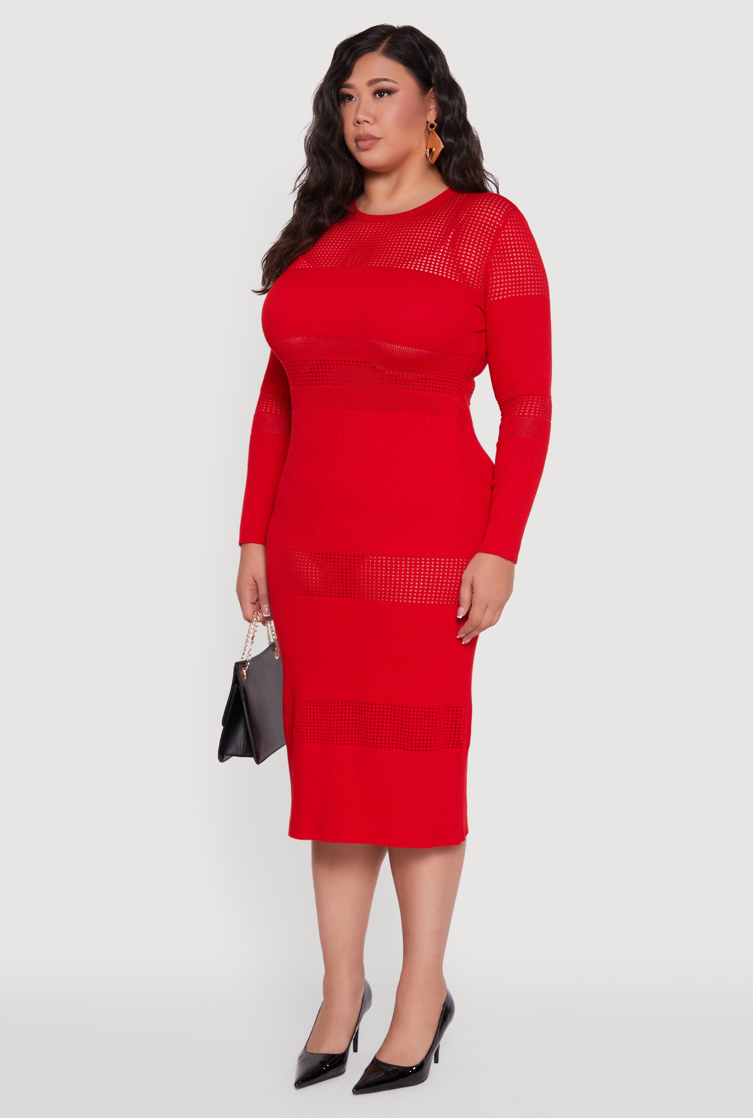 Plus Size Long Sleeve Ribbed Knit Midi Dress