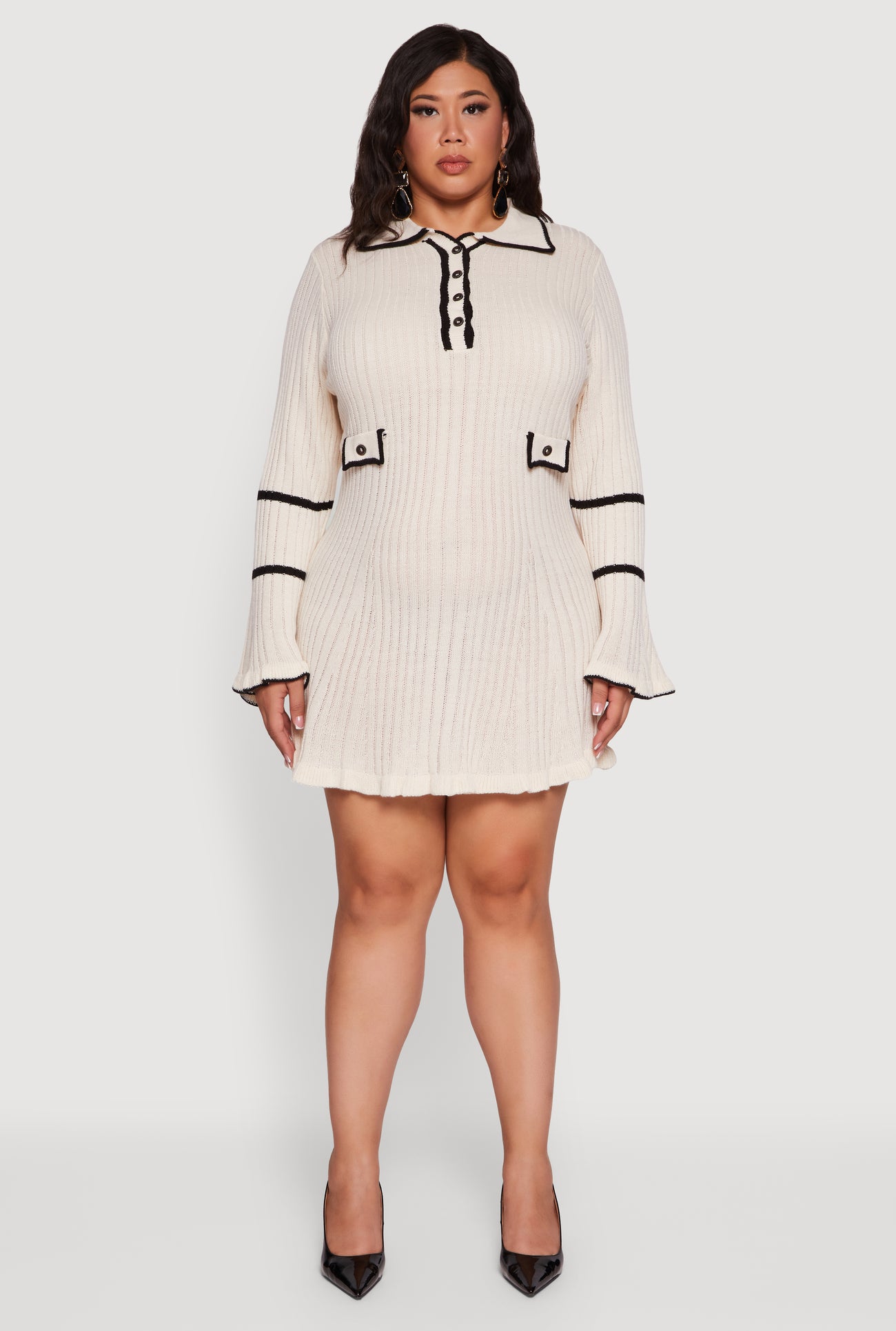 Plus Size Rib Knit Contrast Trim Polo Sweater Dress