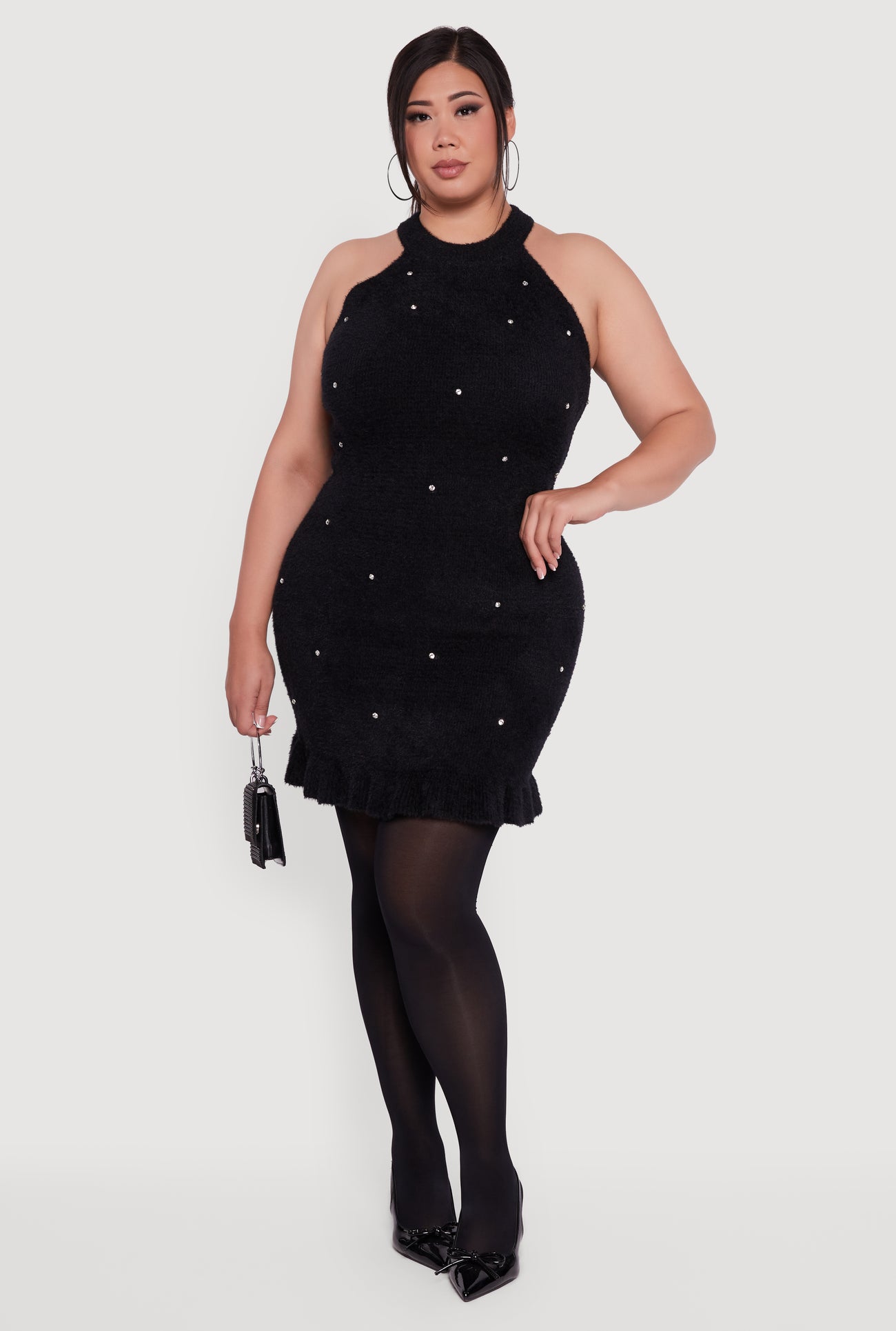 Plus Size Rhinestone Detail Eyelash Knit Halter Dress
