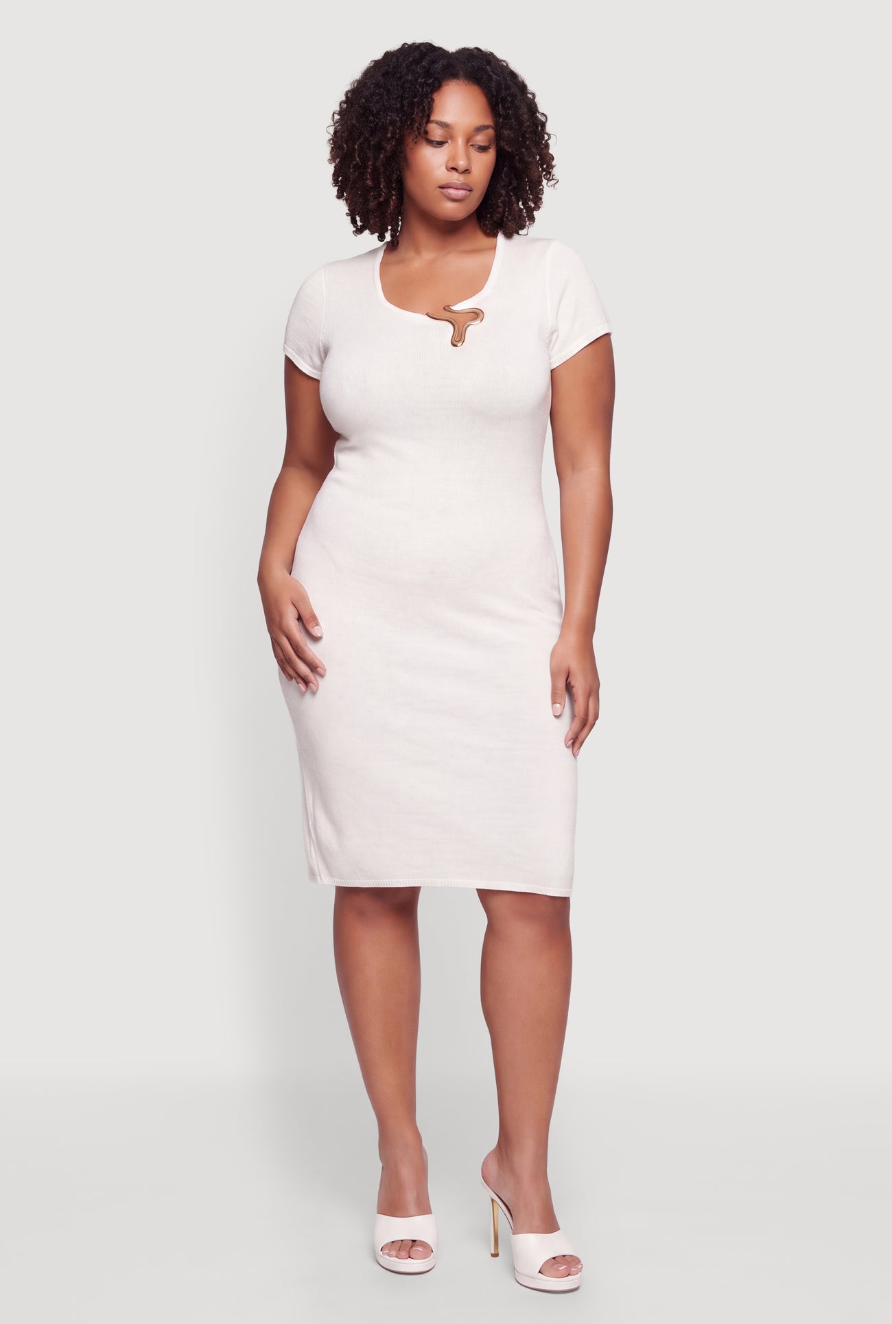 Womens Plus Size Metallic Neckline Detail Midi Sweater Dress, White, Size 3X