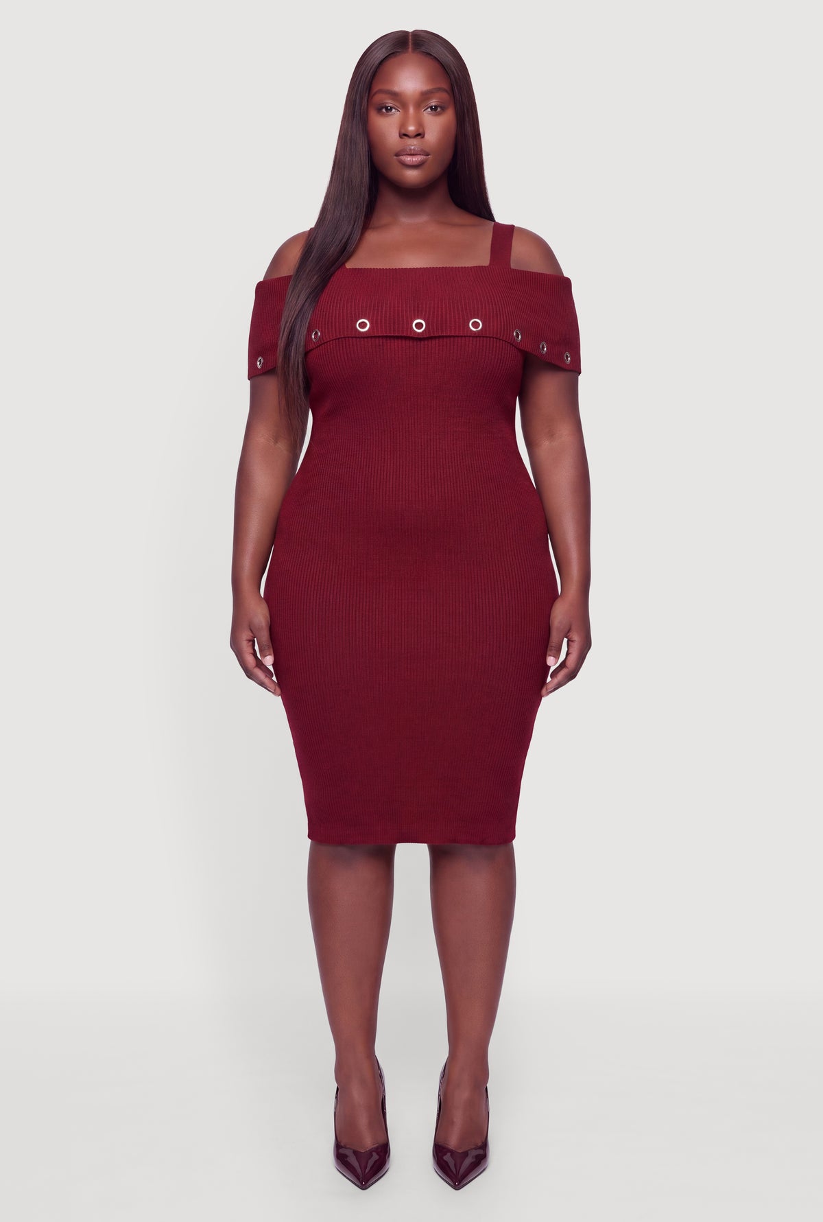 cold shoulder bodycon midi dress Plus Size Grommet Detail Color:Ivory Gold