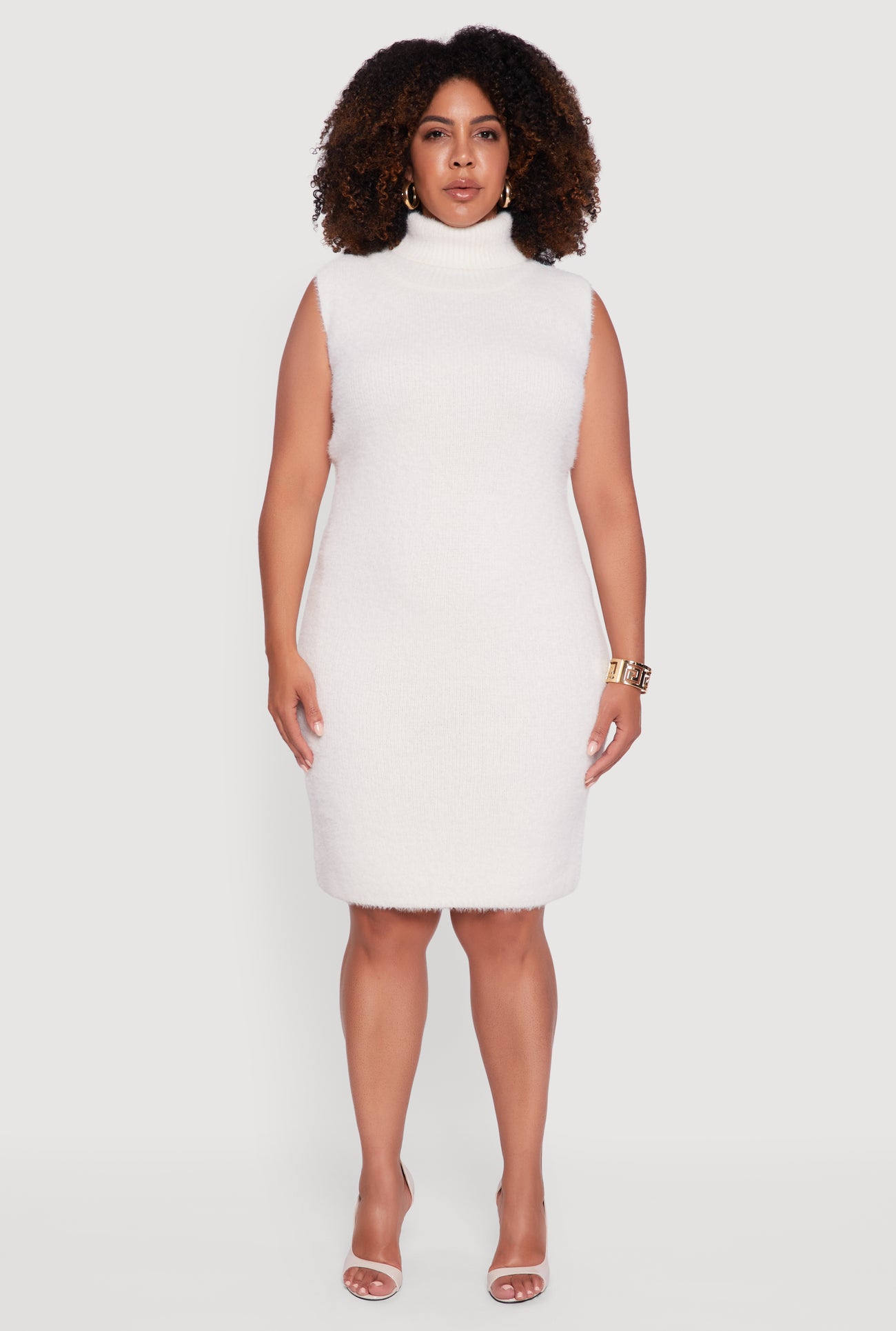 Plus Size Sleeveless Eyelash Knit Turtleneck Dress