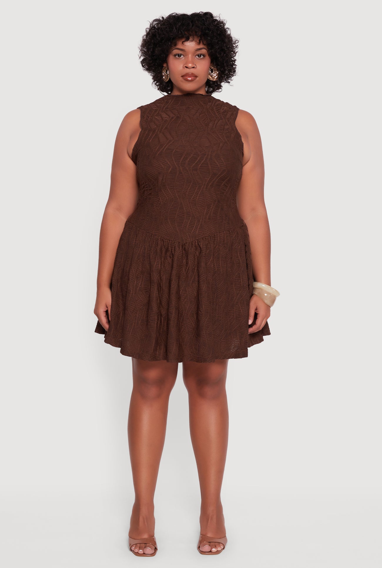 Plus Size Textured Knit High Neck Sleeveless Skater Dress