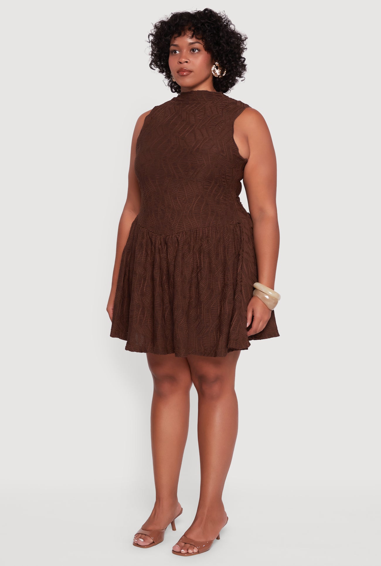 Plus Size Textured Knit High Neck Sleeveless Skater Dress