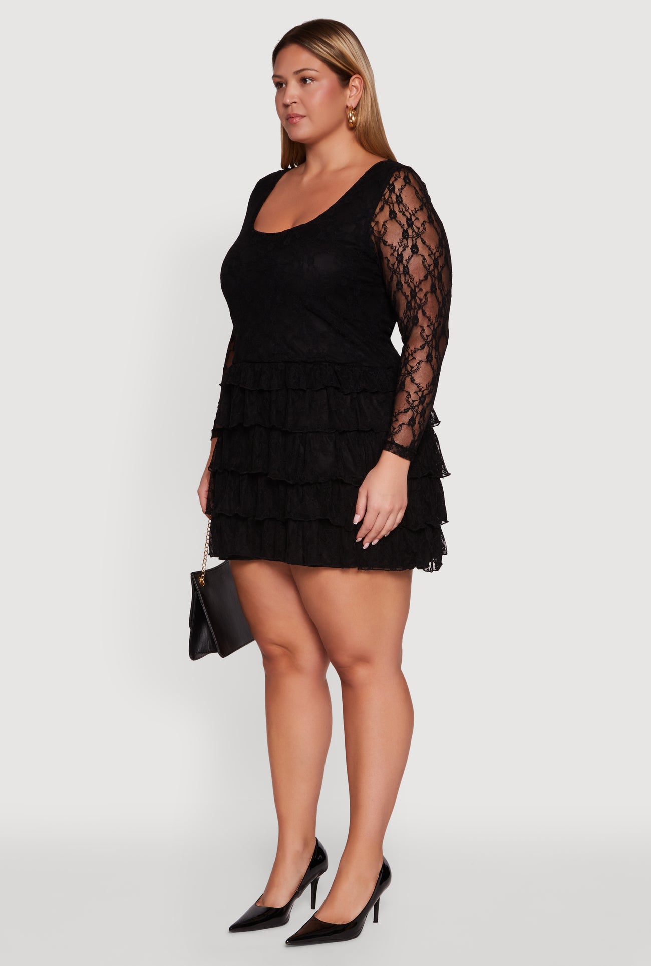 Plus Size Floral Lace Ruffle Tiered Keyhole Back Mini Dress