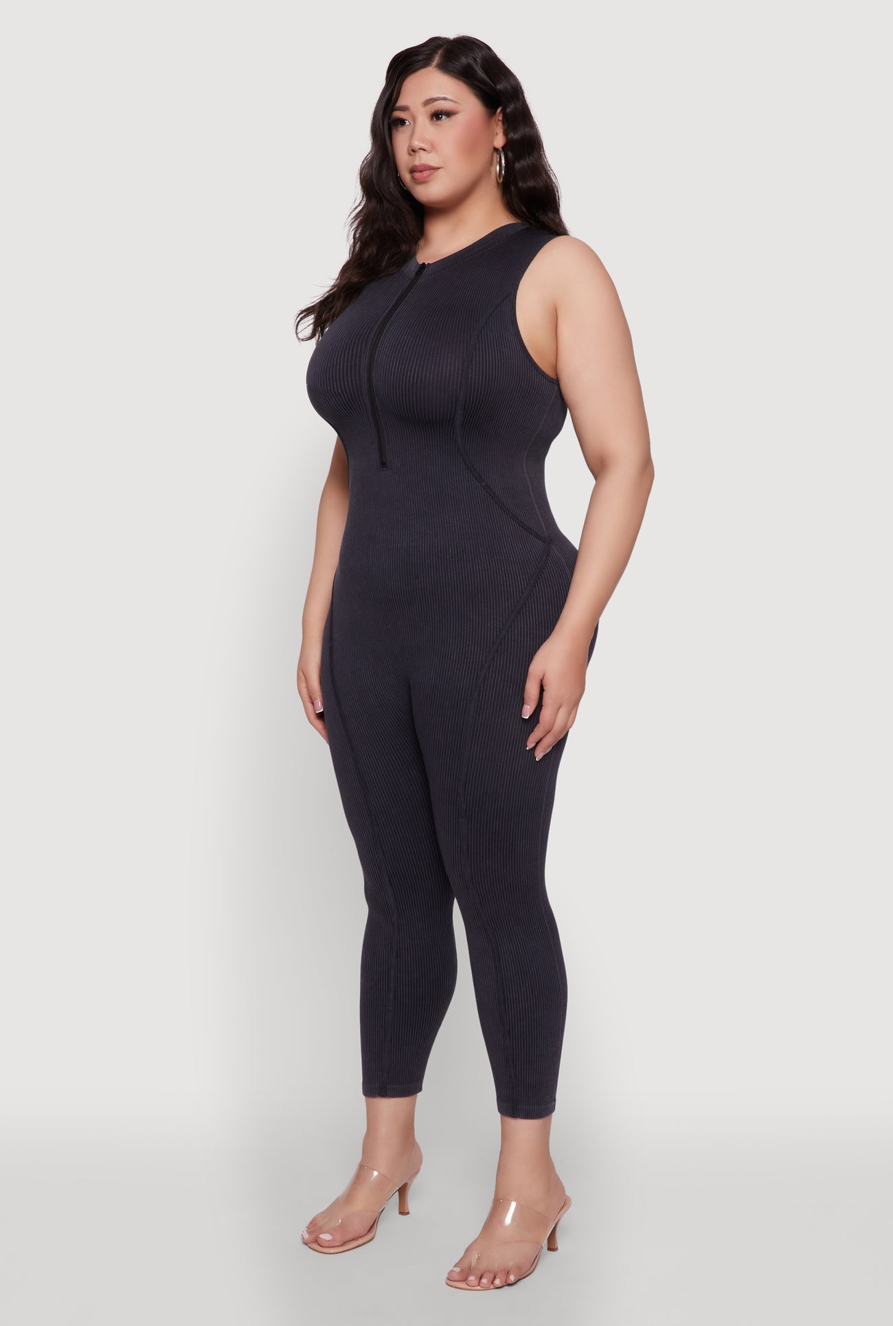 Seamless Ribbed Knit Sleeveless Jumpsuit with Zip Neck