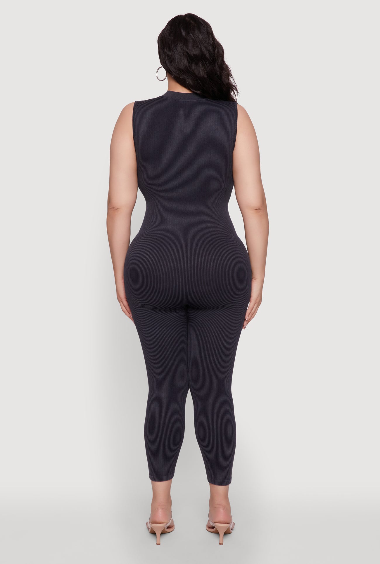 Seamless Ribbed Knit Sleeveless Jumpsuit with Zip Neck