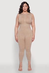 Seamless Ribbed Knit Sleeveless Jumpsuit with Zip Neck