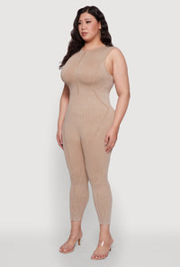 Seamless Ribbed Knit Sleeveless Jumpsuit with Zip Neck