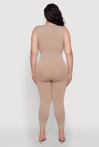 Seamless Ribbed Knit Sleeveless Jumpsuit with Zip Neck