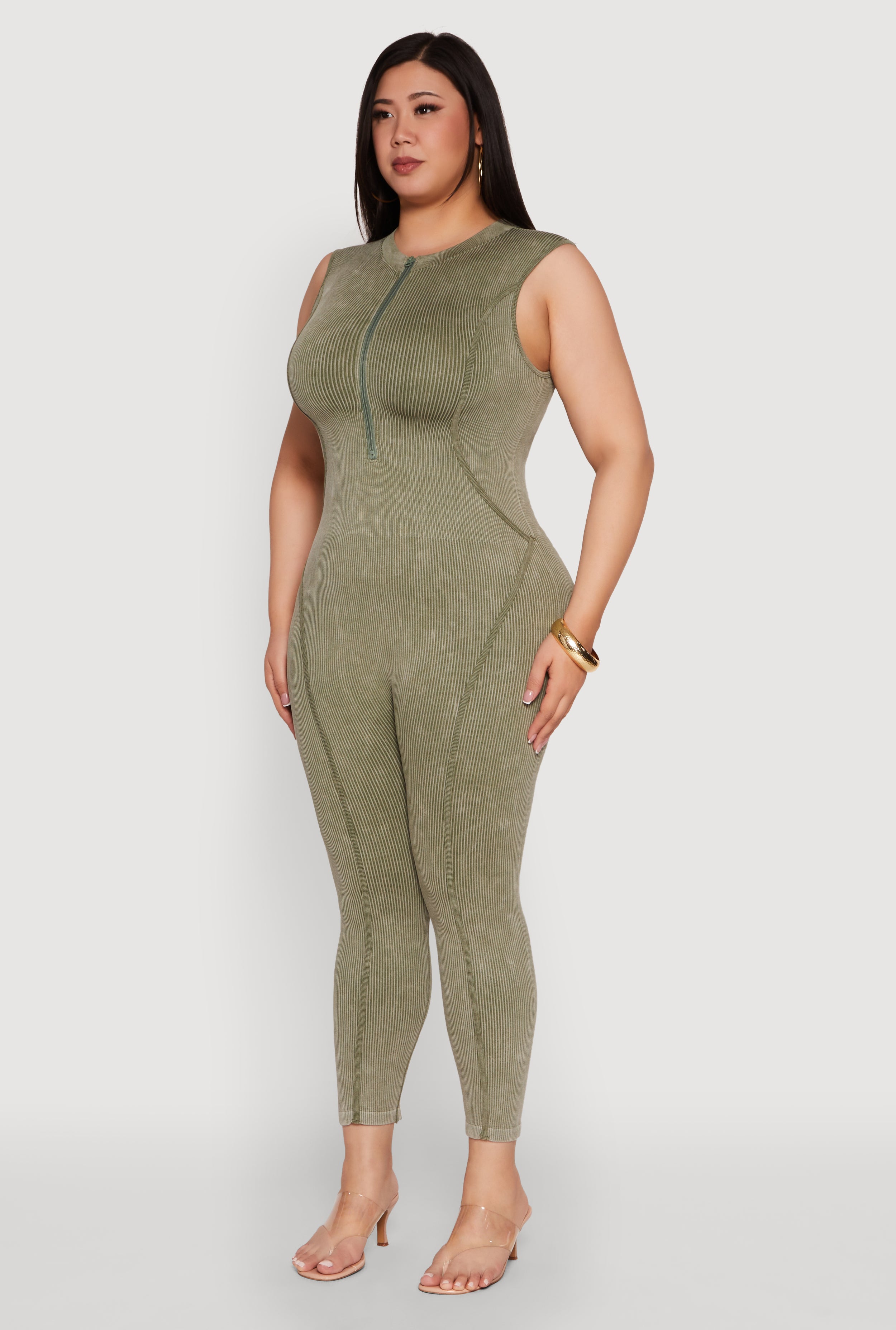 Seamless Ribbed Knit Sleeveless Jumpsuit with Zip Neck