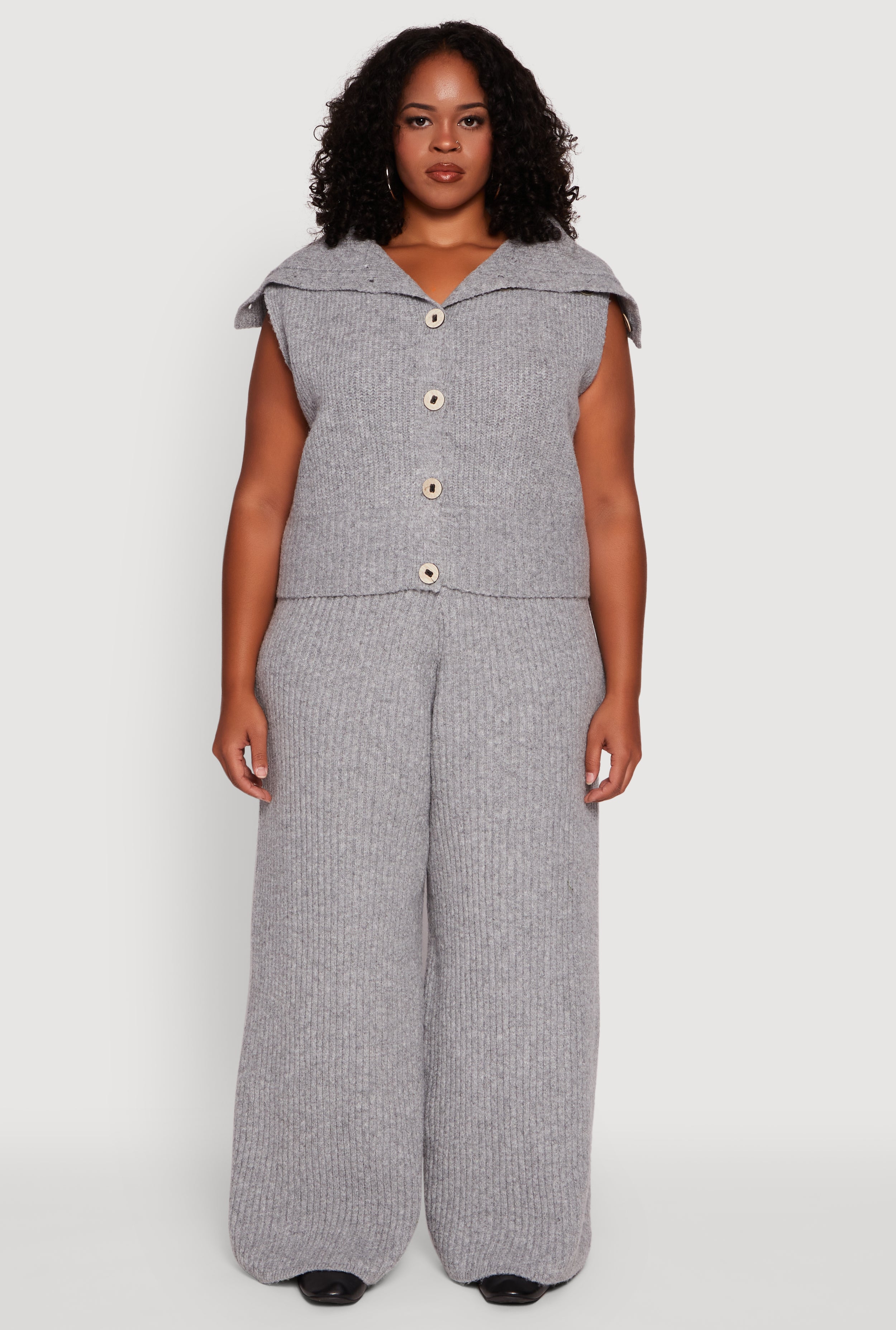 Pois　Rib knit onepiece khaki Plus Size Rib Knit Pull On Wide Leg Pants