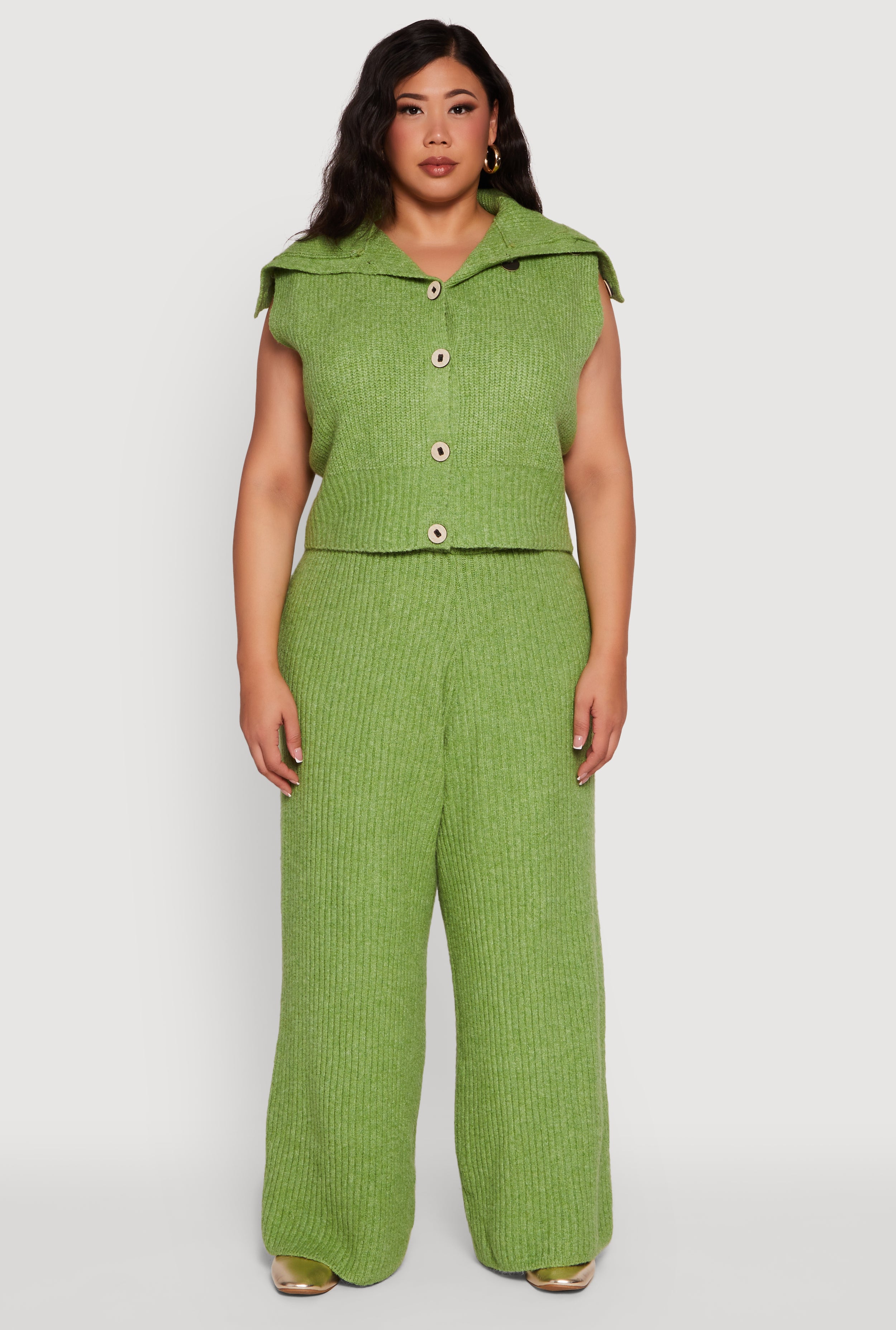 Plus Size Rib Knit Pull On Wide Leg Pants