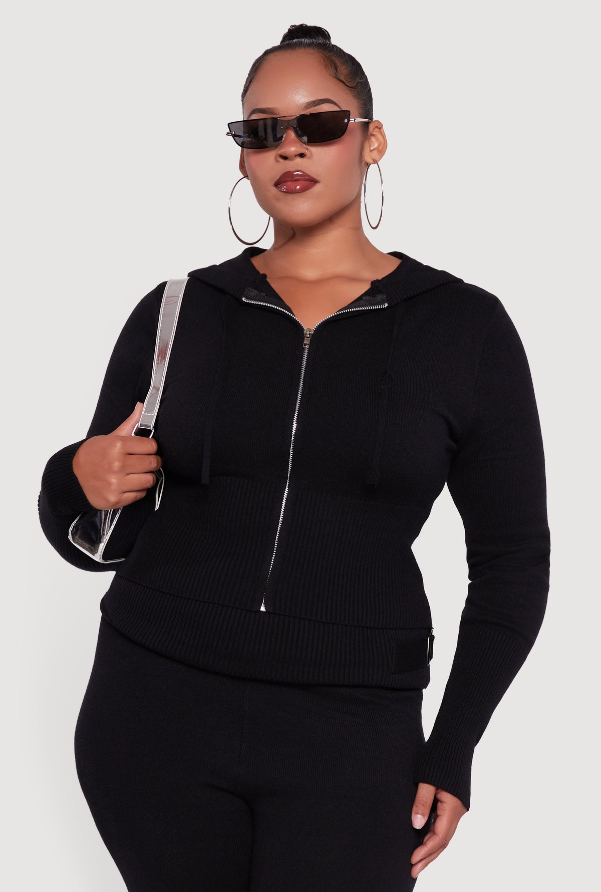 Plus Size Rib Knit Cropped Zip Front Hoodie