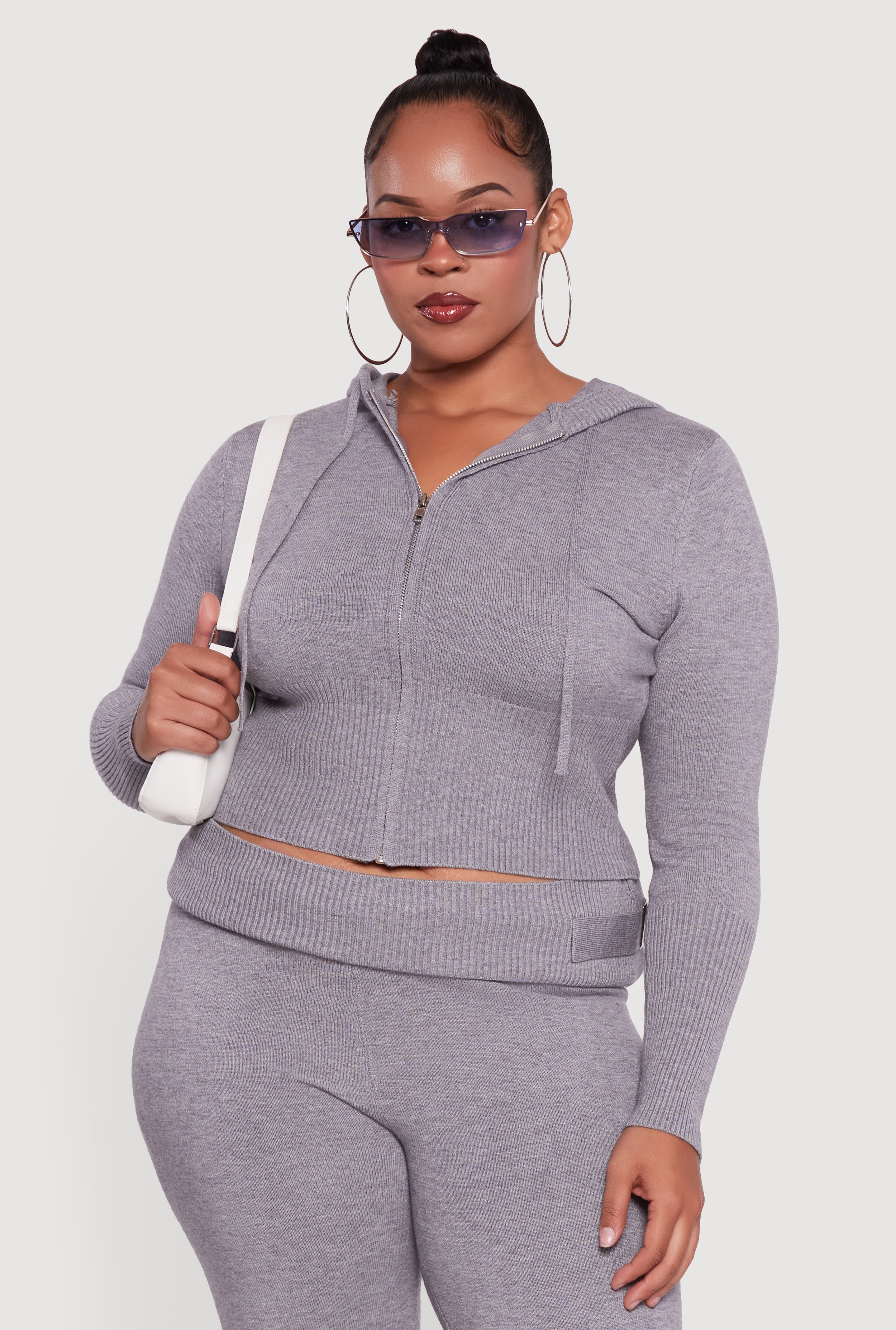 Plus Size Rib Knit Cropped Zip Front Hoodie